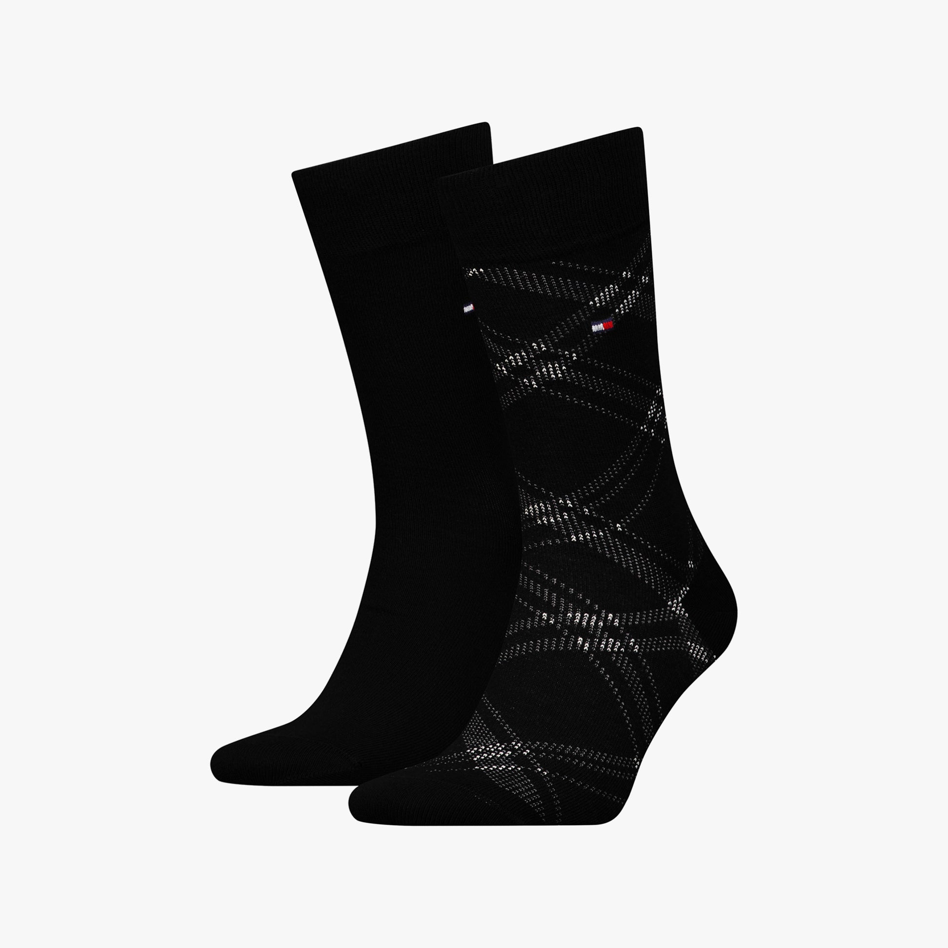 Tommy Hilfiger 2 Pack Check Mens Socks Black, crew socks shown in front view, featuring a checkered design and solid black color.
