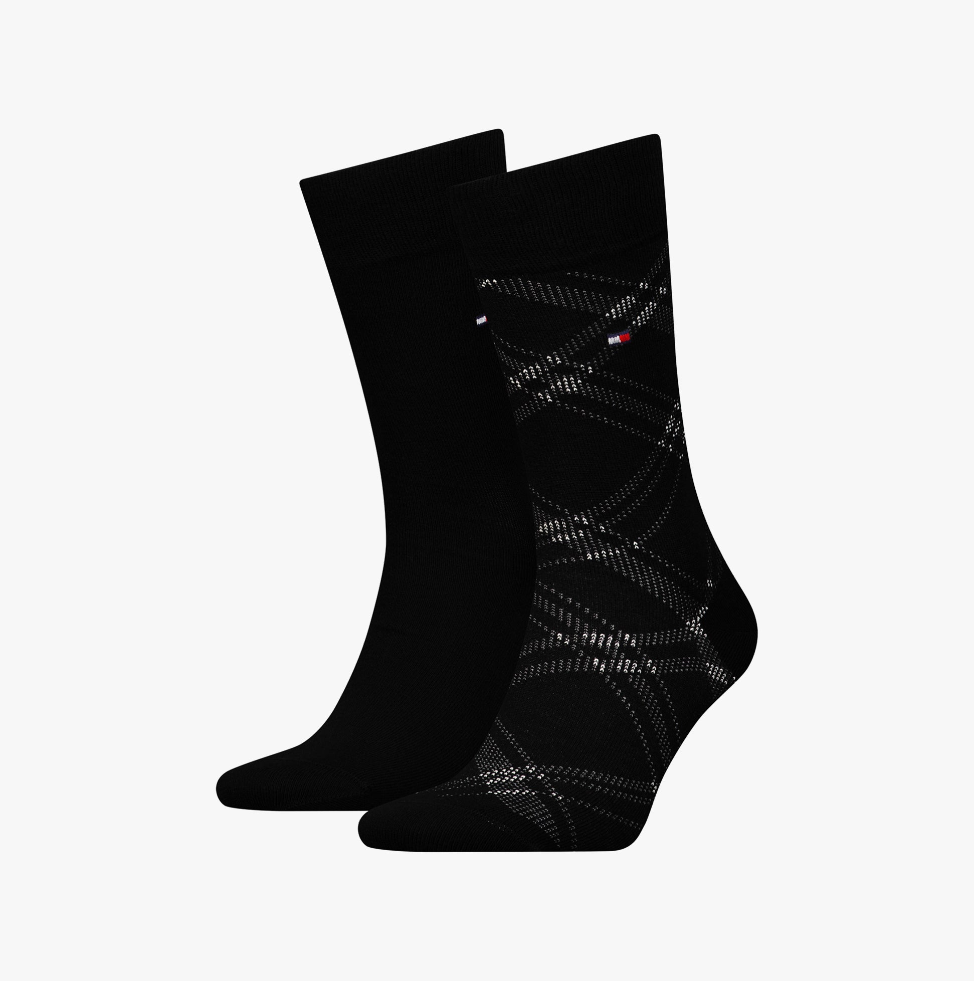 Tommy Hilfiger 2 Pack Check Mens Socks Black, crew socks shown in front view, featuring a checkered design and solid black color.