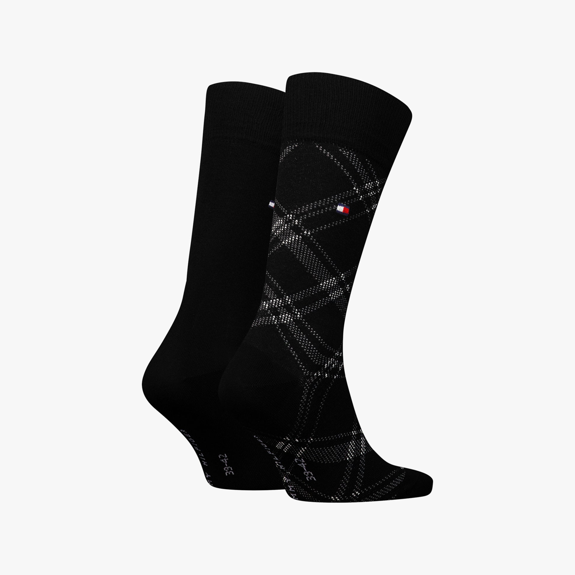Tommy Hilfiger 2 Pack Check Mens Socks Black side view showing check pattern and brand logo detail.