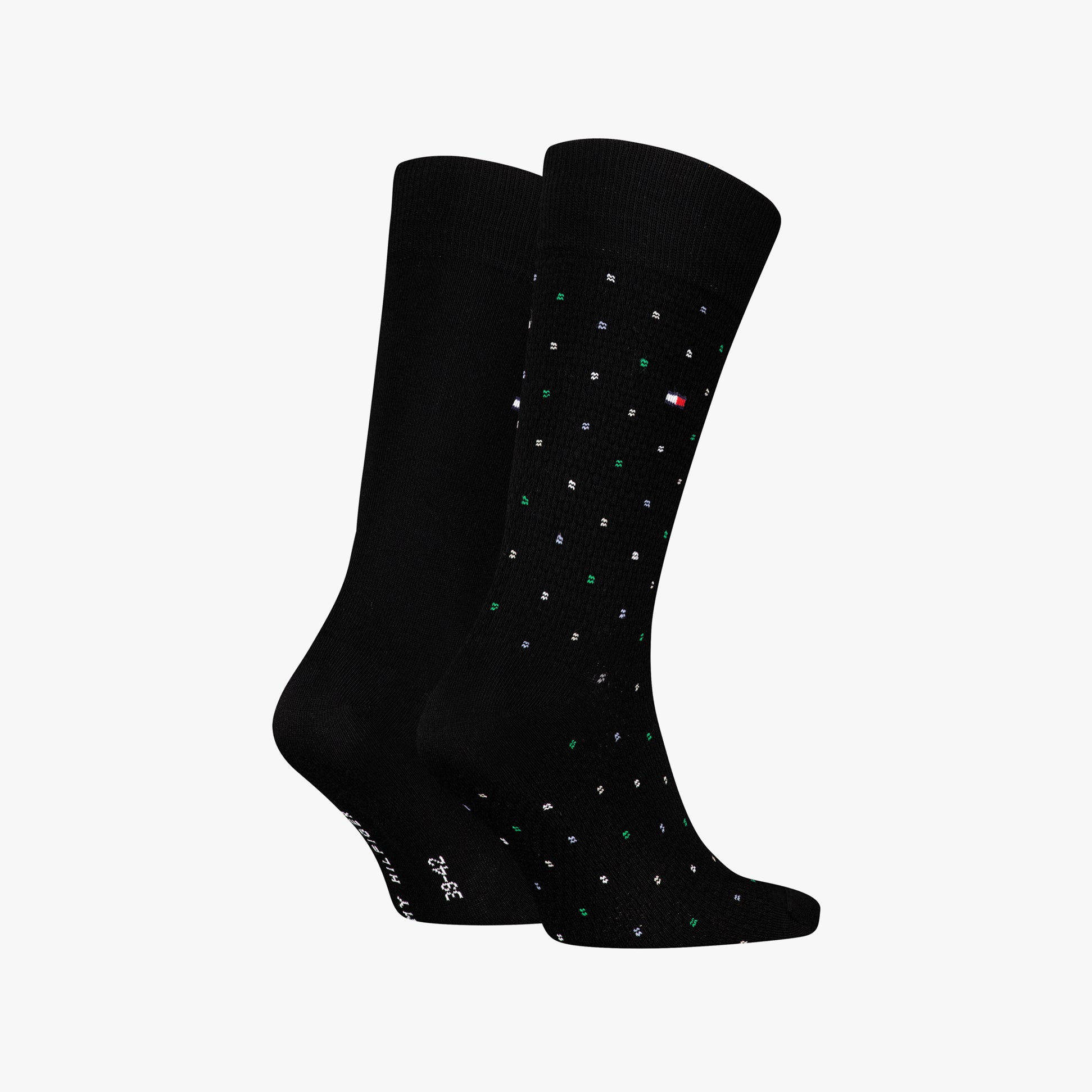 Tommy Hilfiger 2 Pack Structure Dot Mens Socks Black side view showing polka dot design and crew length.