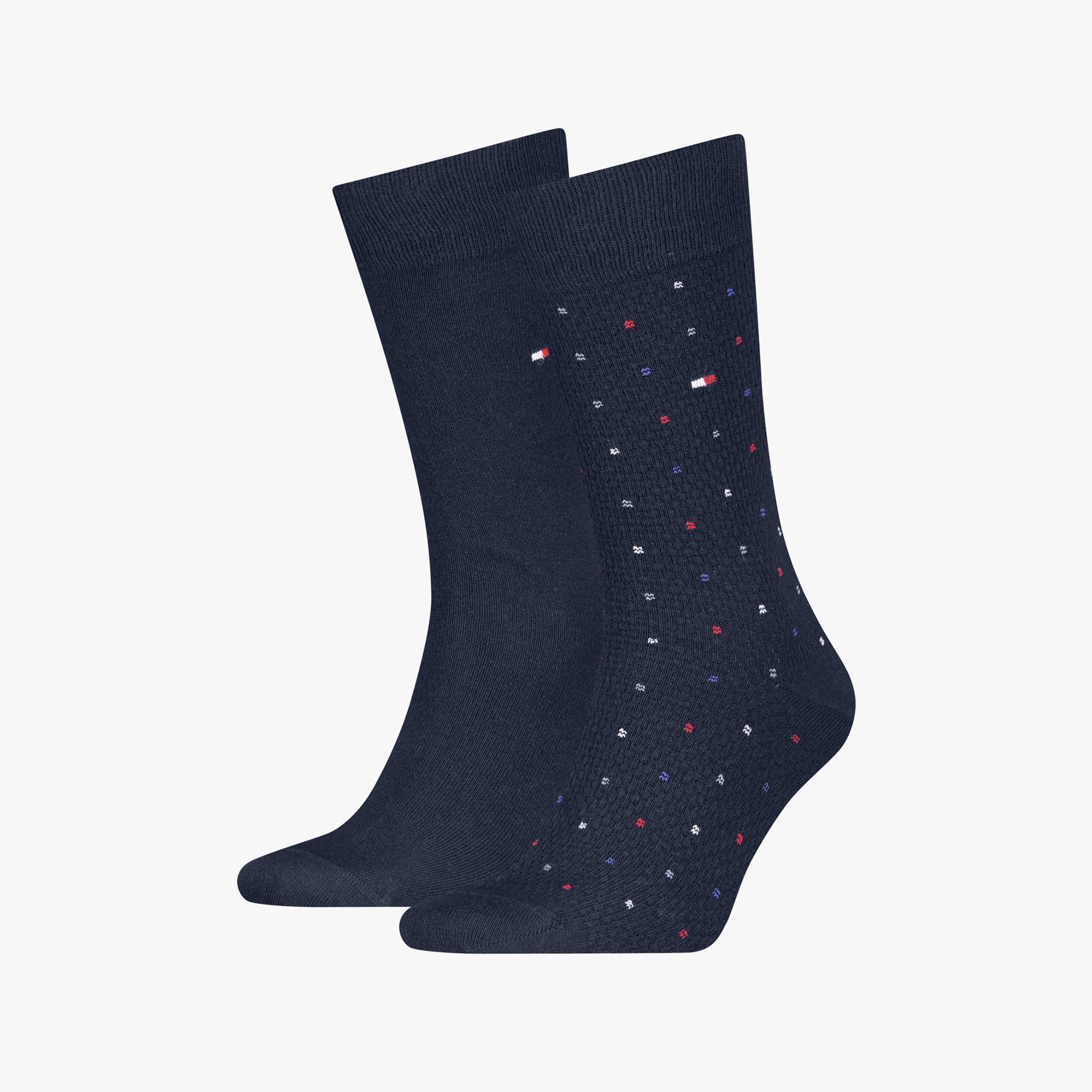 Tommy Hilfiger 2 Pack Structure Dot Mens Socks Navy side view showcasing two pairs with solid and dotted patterns.