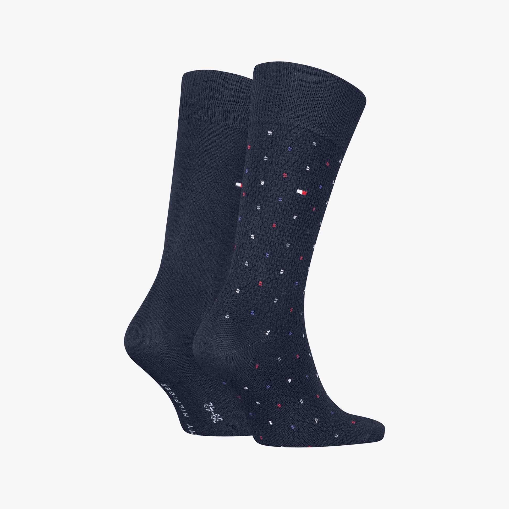 Tommy Hilfiger 2 Pack Structure Dot Mens Socks Navy side view showing solid and dotted designs on socks.