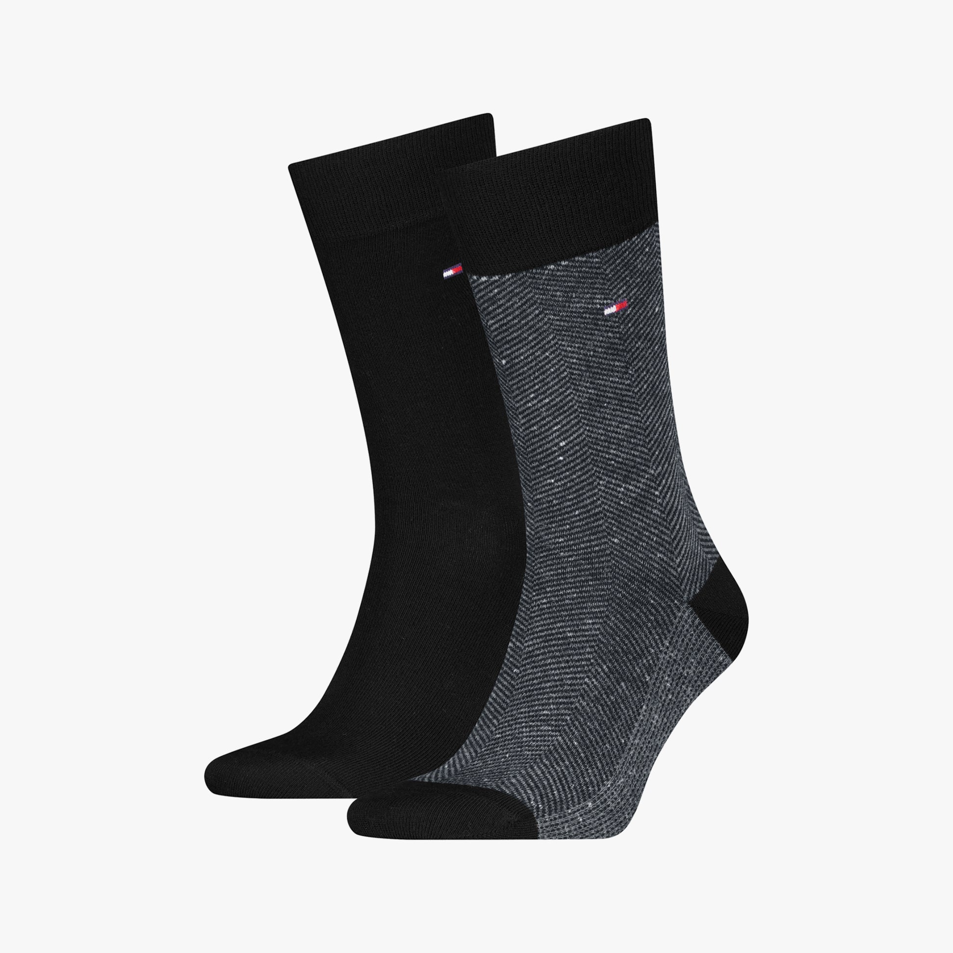 Tommy Hilfiger 2 Pack Nappy Herringbone Mens Socks Black, side view, displaying black and herringbone patterned socks.