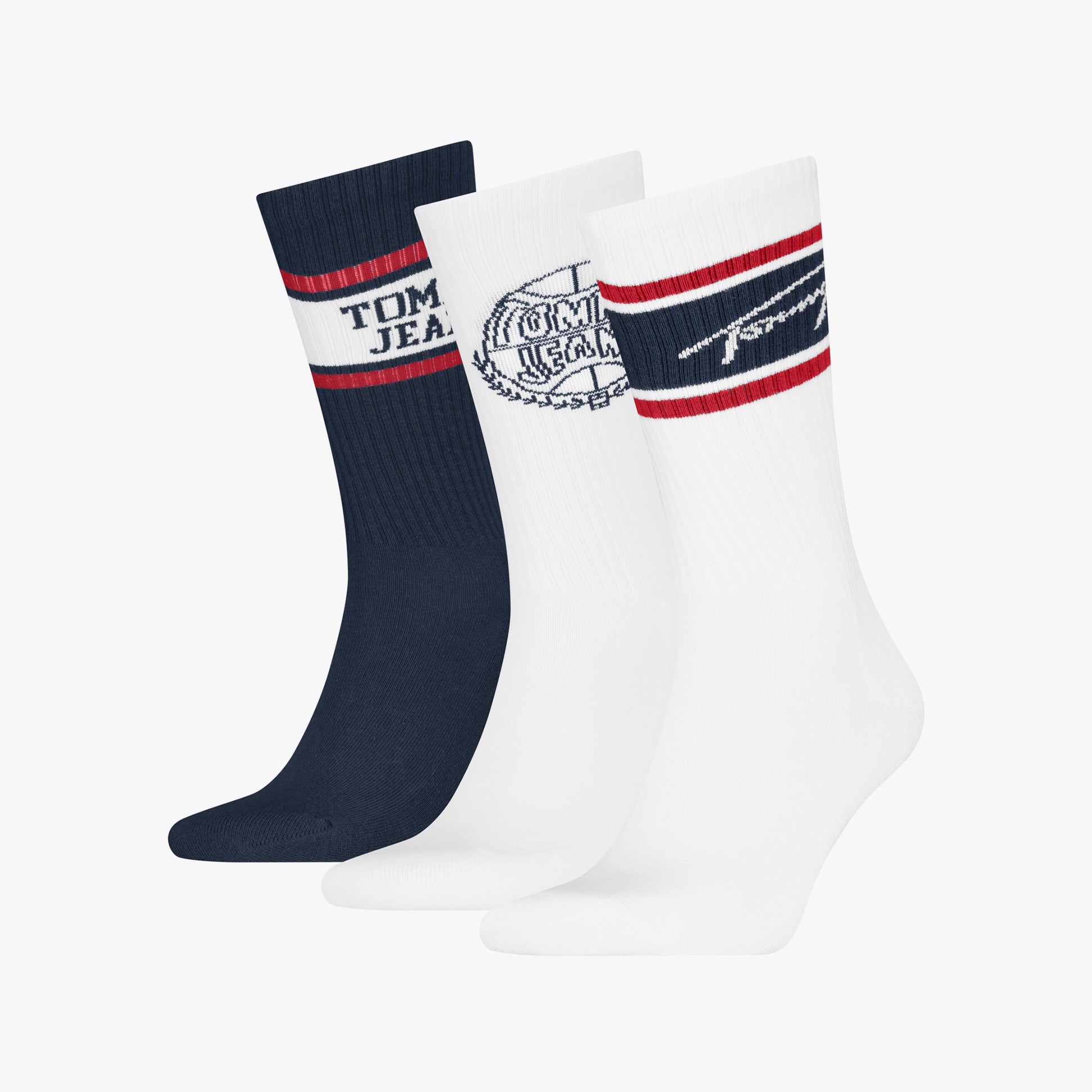Tommy Hilfiger 3 Pack College Giftbox Mens Socks White in a detail view showing three colors including navy and white.