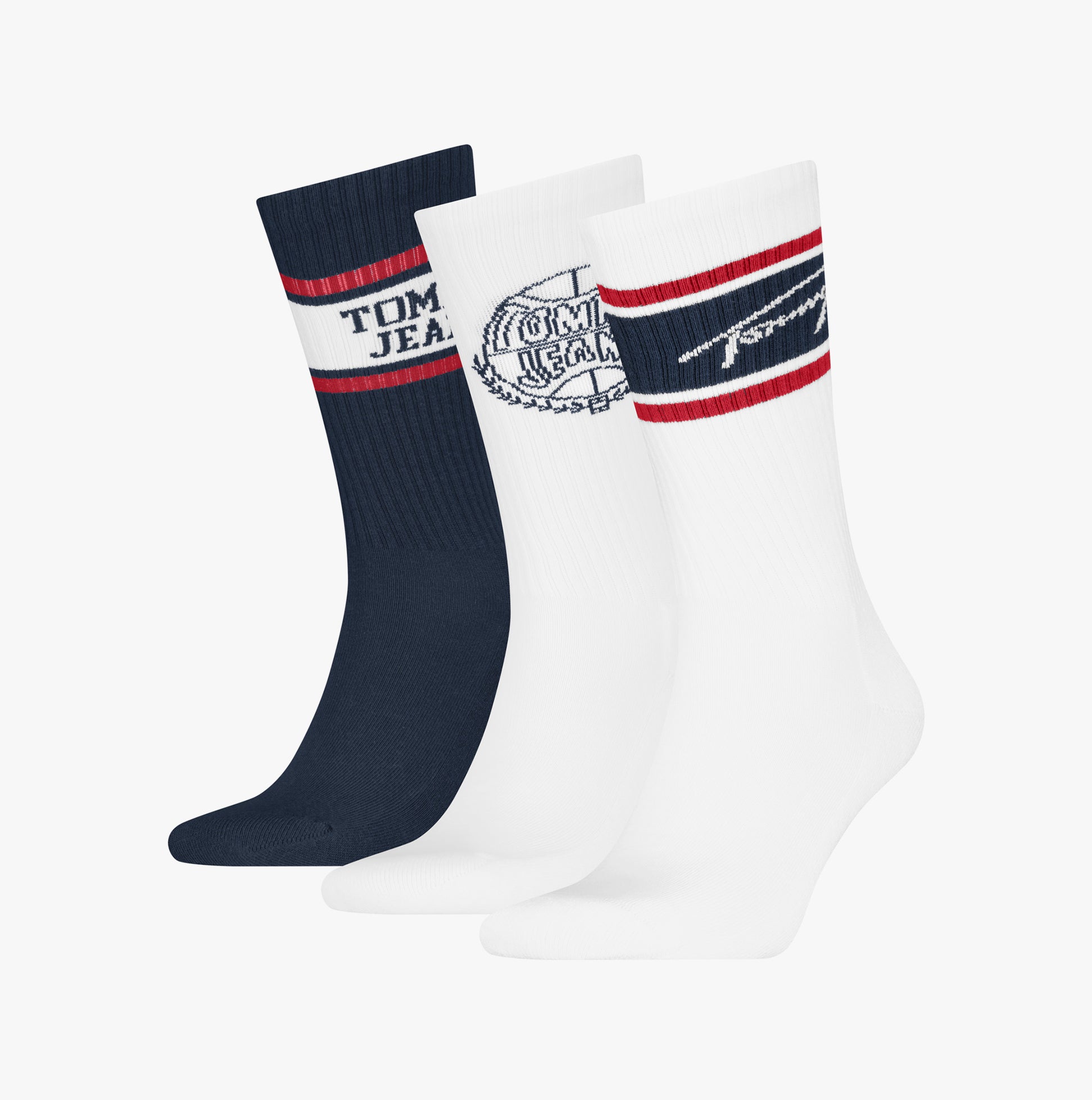 Tommy Hilfiger 3 Pack College Giftbox Mens Socks White in a detail view showing three colors including navy and white.
