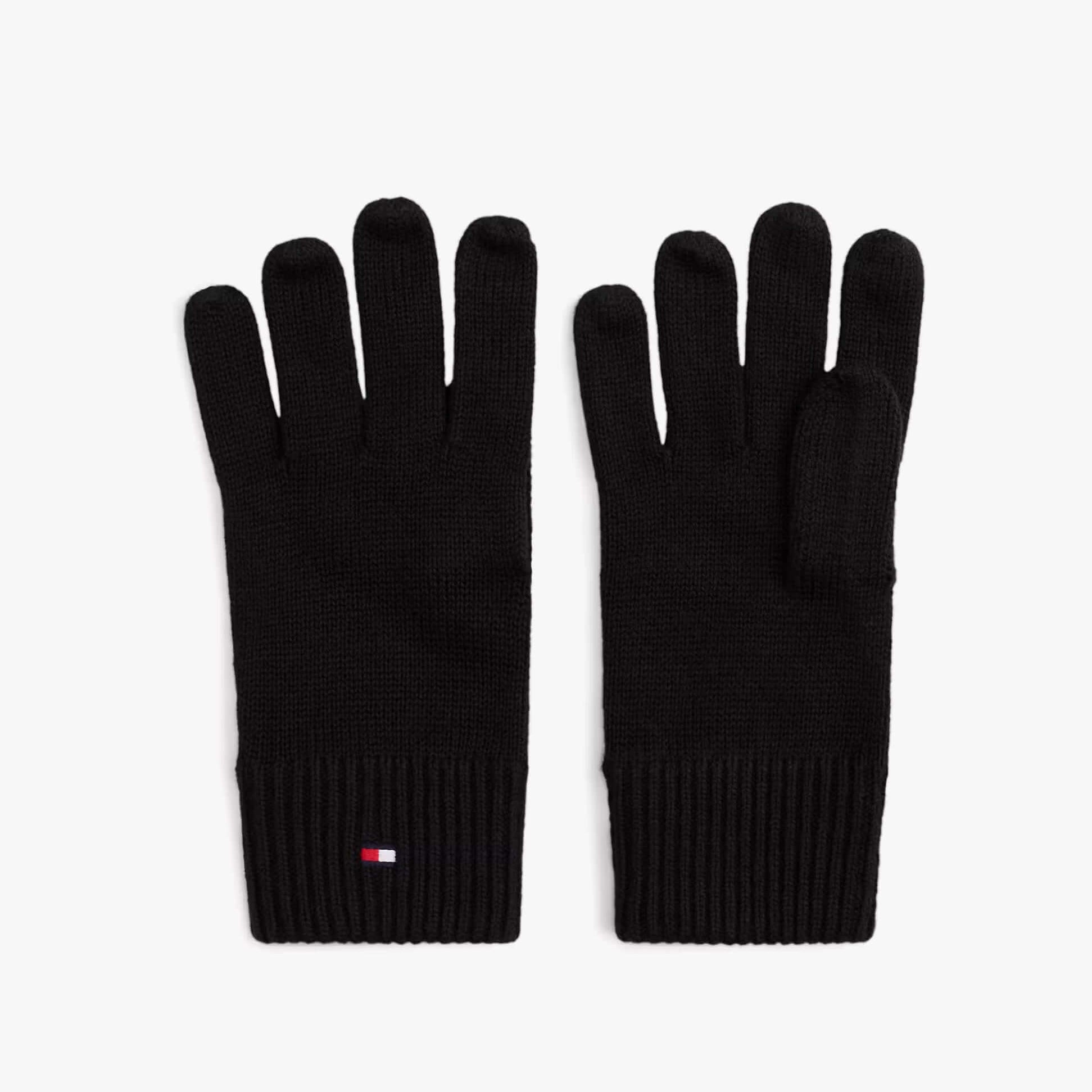 Tommy Hilfiger ESSENTIALS FLAG GLOVES Mens Gloves Black front view showcasing knit design and logo detail.