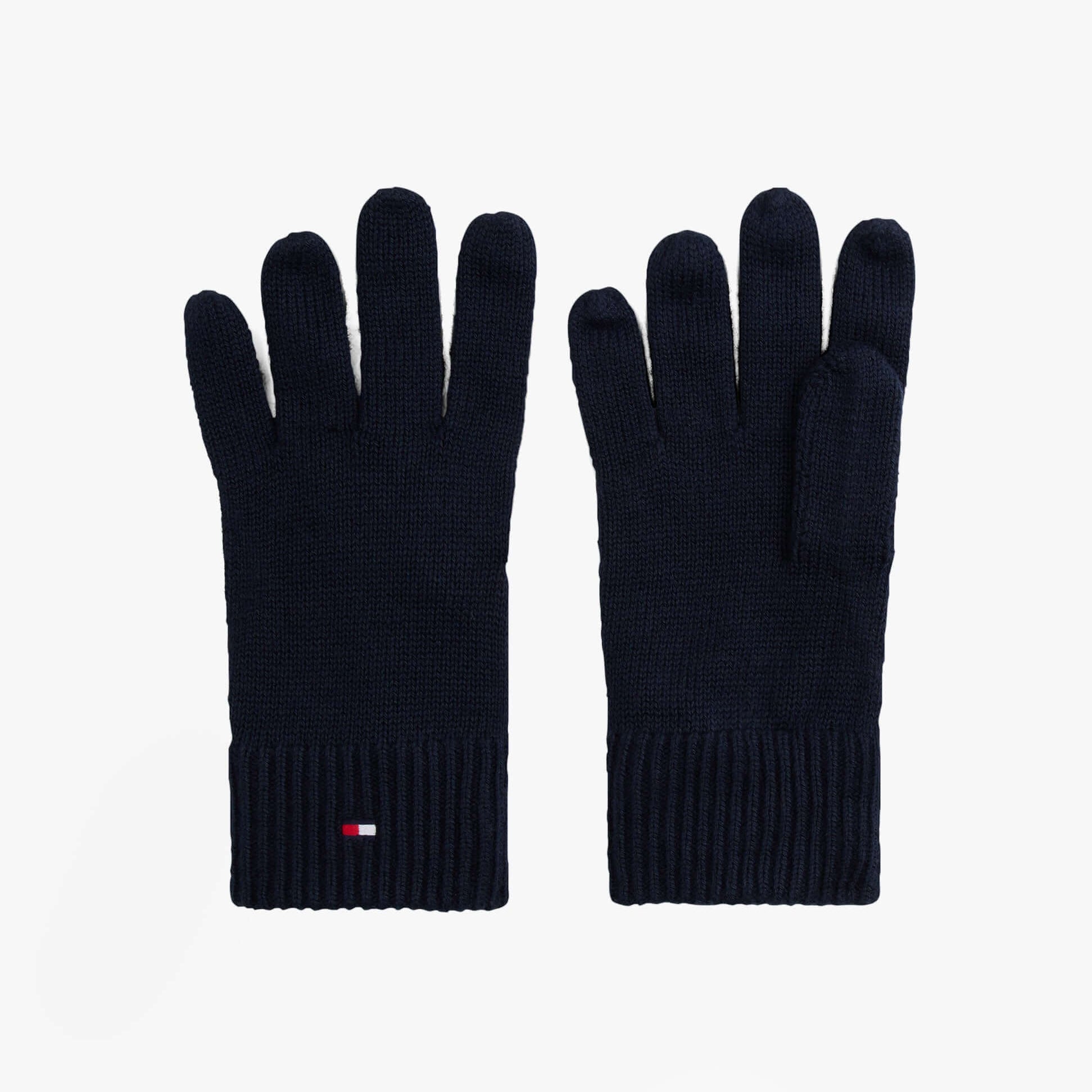 Tommy Hilfiger Mens Flag Embroidery Gloves With Cashmere Navy front view, featuring cotton and cashmere blend.