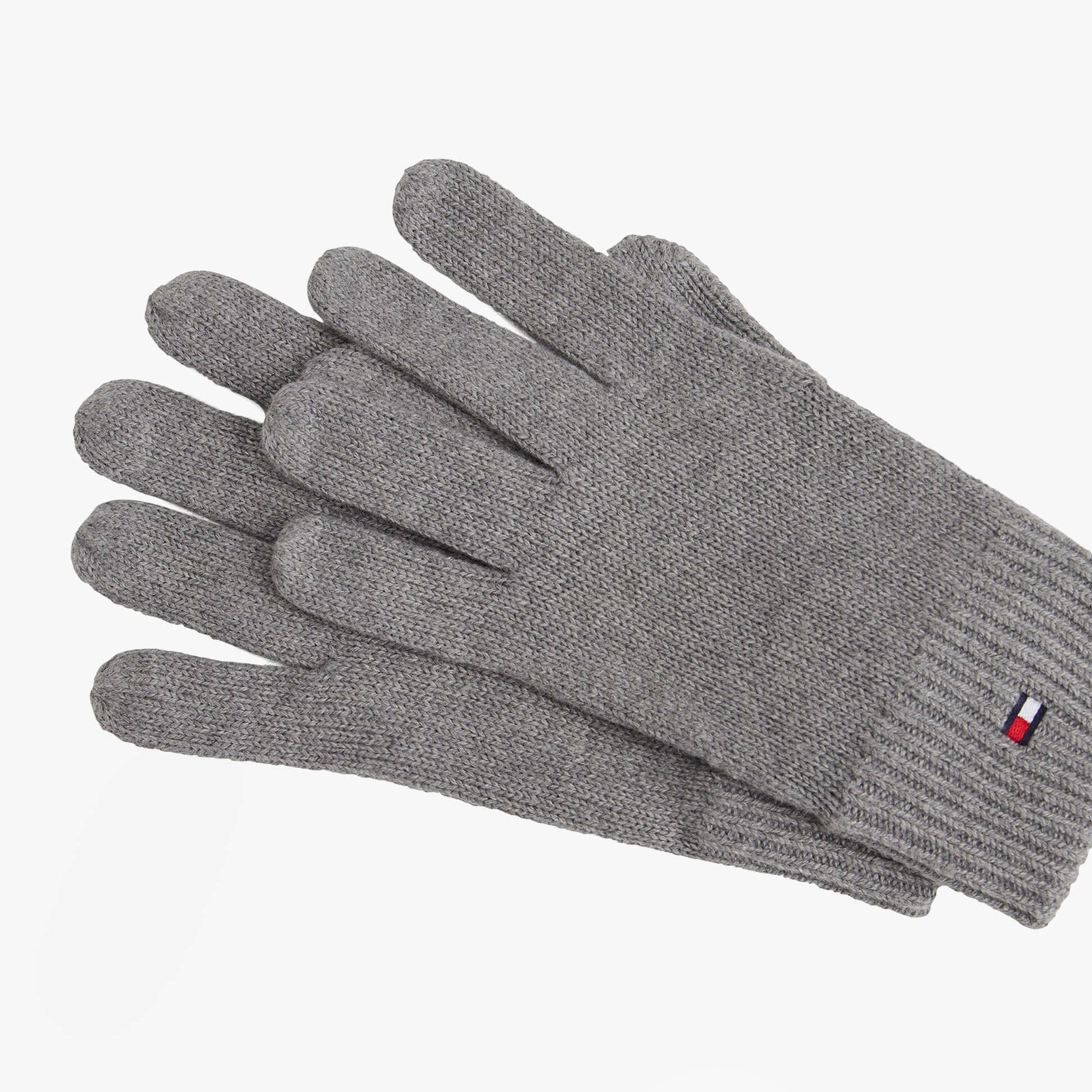 Tommy Hilfiger Mens Flag Embroidery Gloves With Cashmere Grey, top view showcasing soft grey cotton and cashmere fabric.