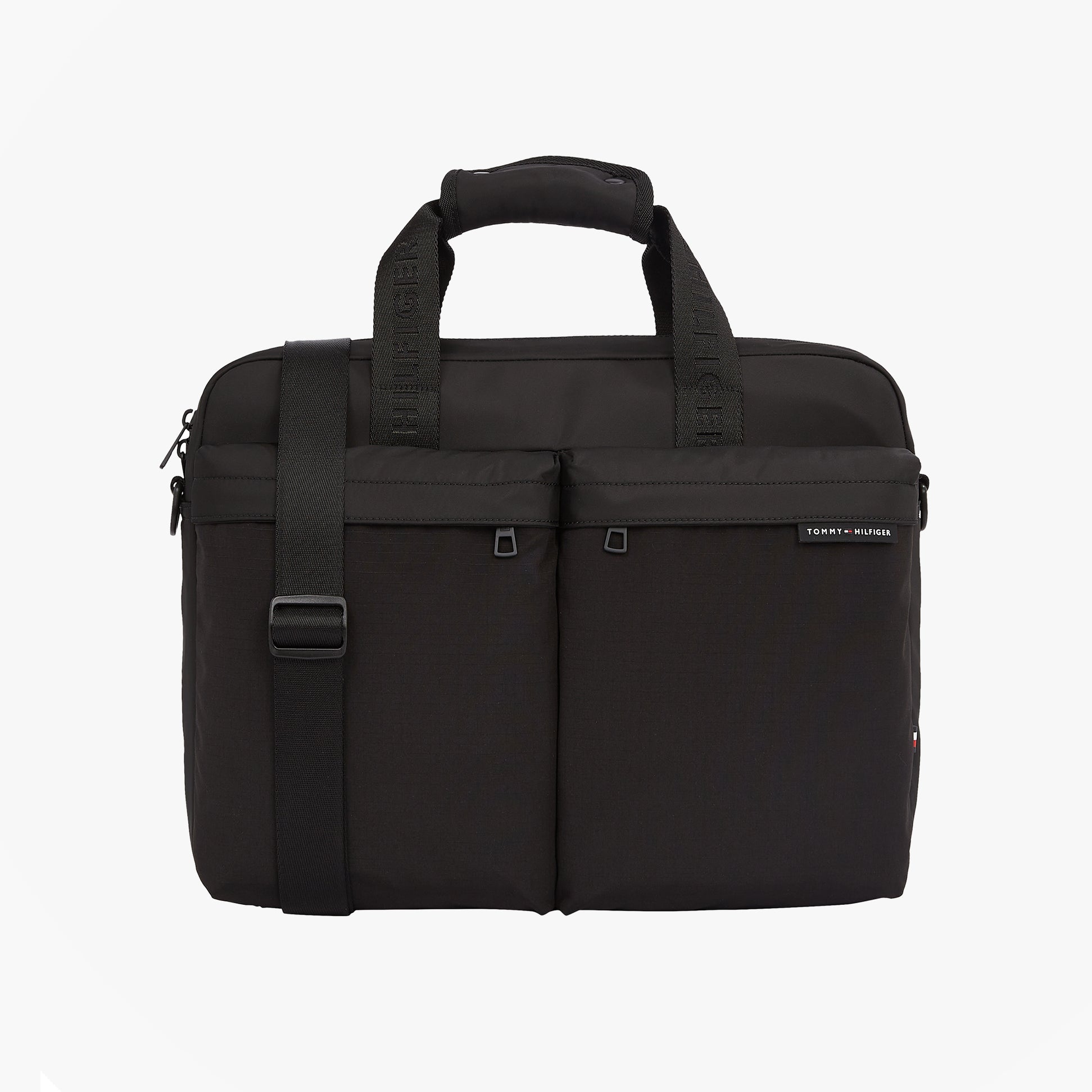 Tommy Hilfiger Rubberised Logo Laptop Bag front view with adjustable crossbody strap and zipper pockets.