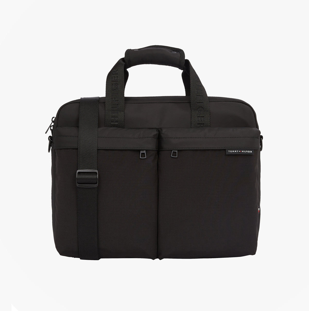 Tommy Hilfiger Rubberised Logo Laptop Bag front view with adjustable crossbody strap and zipper pockets.