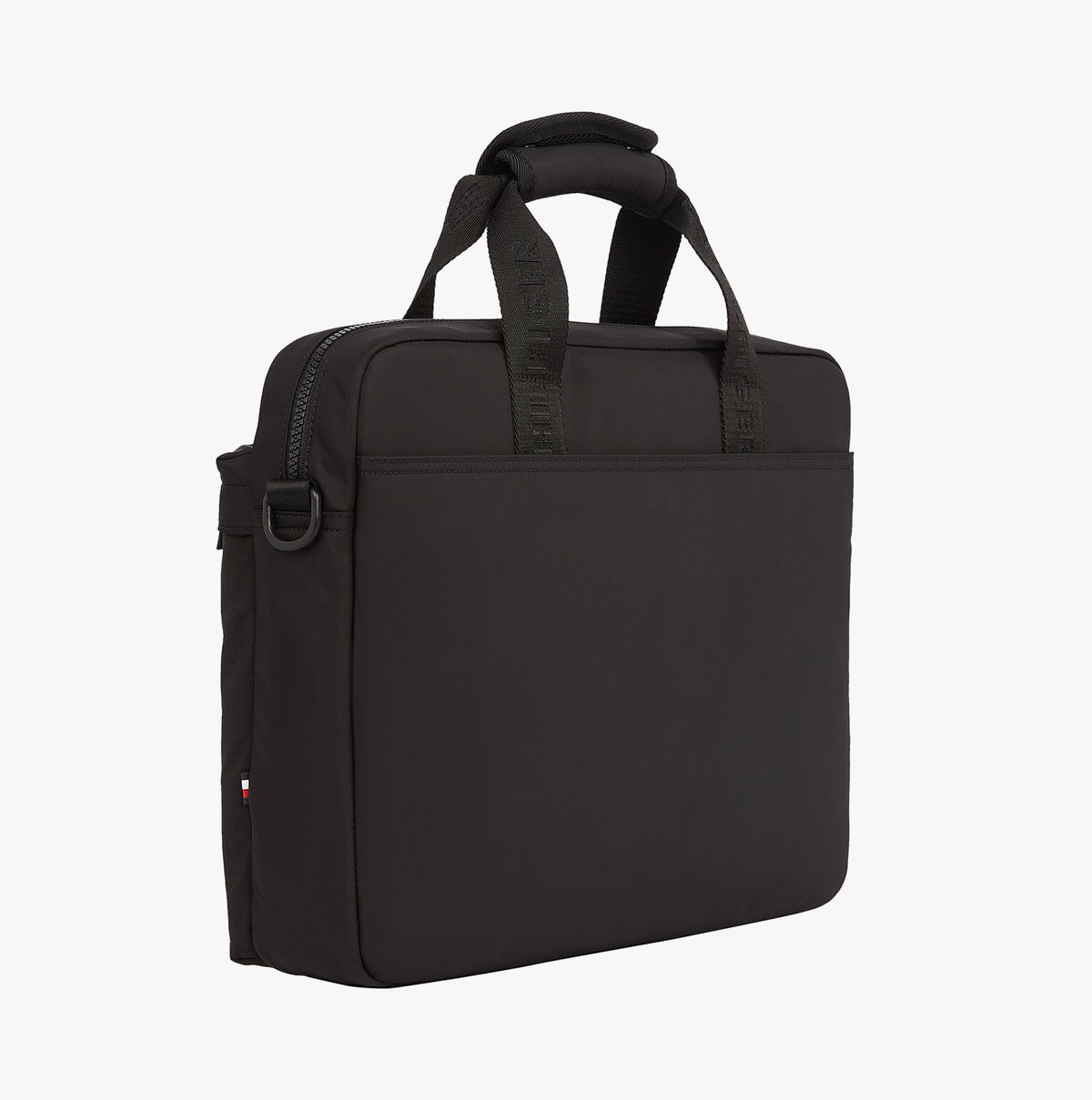 Tommy Hilfiger Rubberised Logo Laptop Bag side view, black, zip closure, adjustable strap, sleek polyester finish