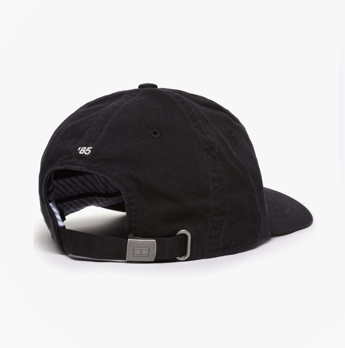 Tommy Hilfiger Flag Baseball Cap Black back view showing adjustable strap and ventilation eyelets.