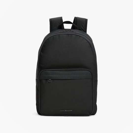 Tommy Hilfiger REPREVE Metal Logo Backpack Black front view with zip closure and adjustable straps