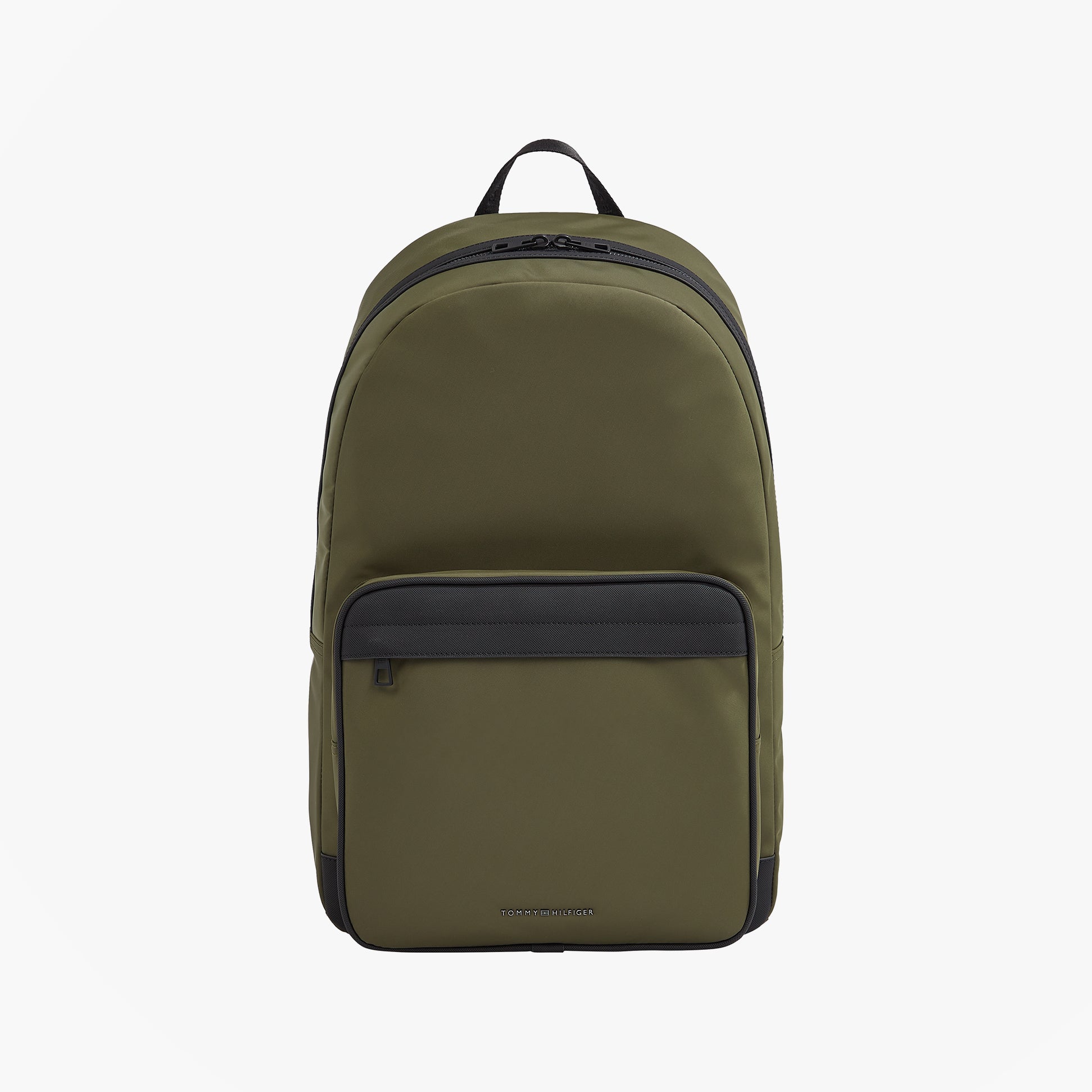 Tommy Hilfiger REPREVE Metal Logo Backpack Army Green front view showcasing sleek design and zip closure.