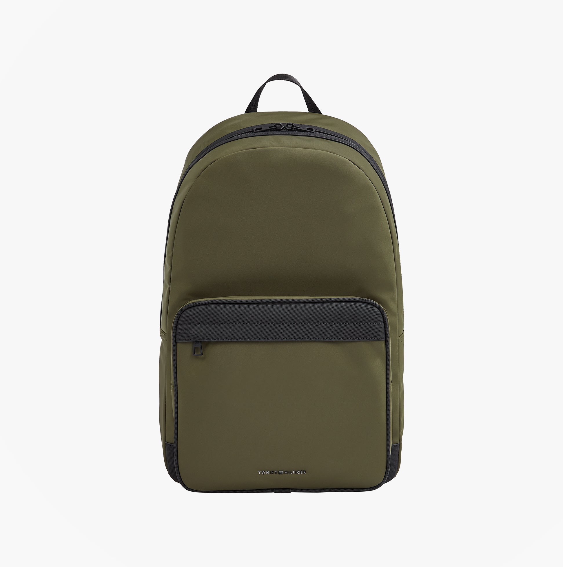 Tommy Hilfiger REPREVE Metal Logo Backpack Army Green front view showcasing sleek design and zip closure.
