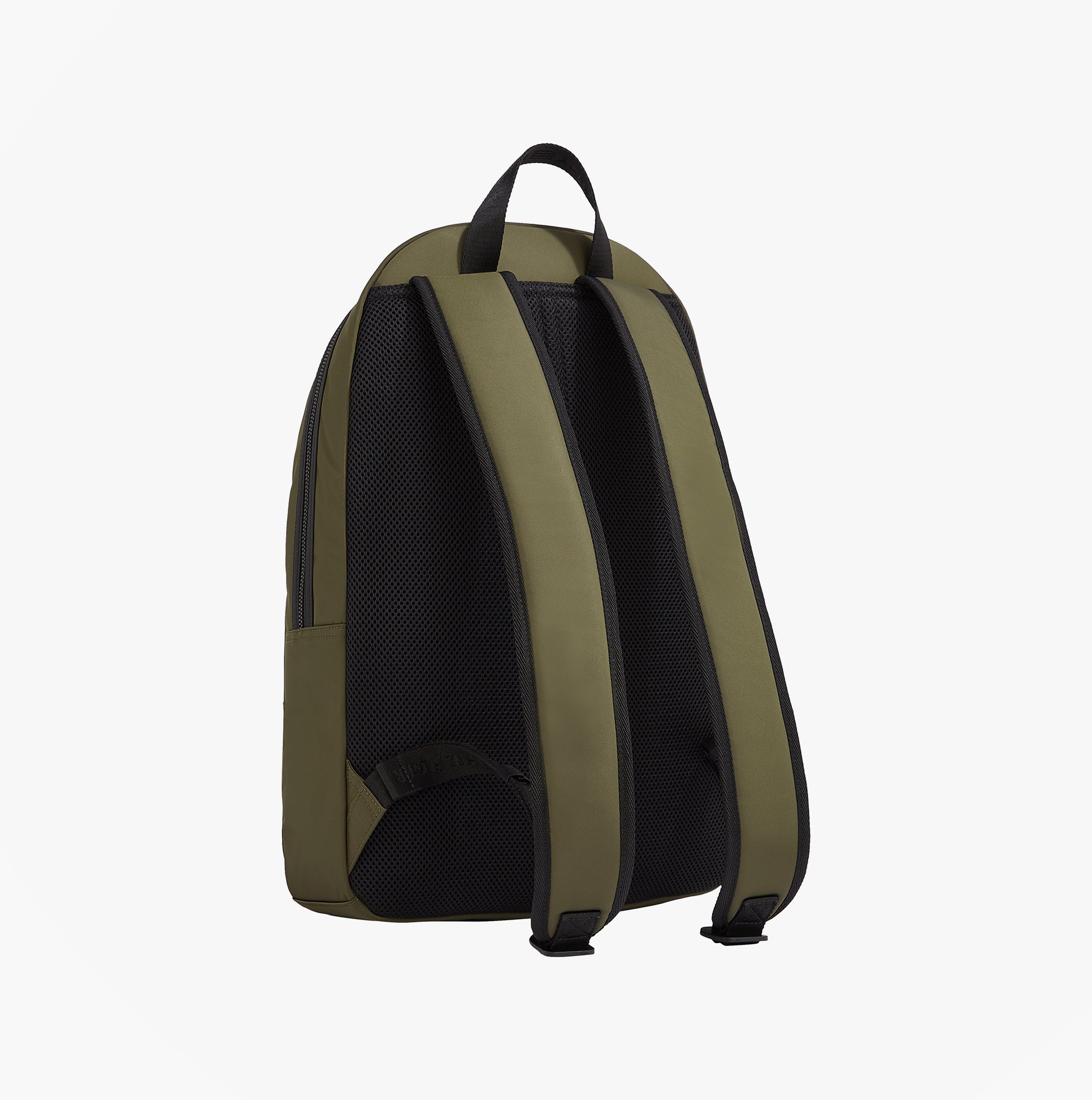 Tommy Hilfiger REPREVE Metal Logo Backpack Army Green side view showcasing padded shoulder straps and mesh back.