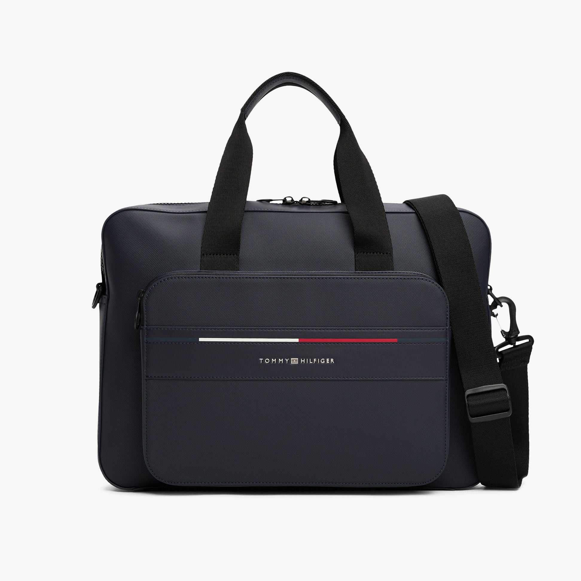 Tommy Hilfiger Signature Laptop Bag Navy front view featuring zip closure and removable shoulder strap.