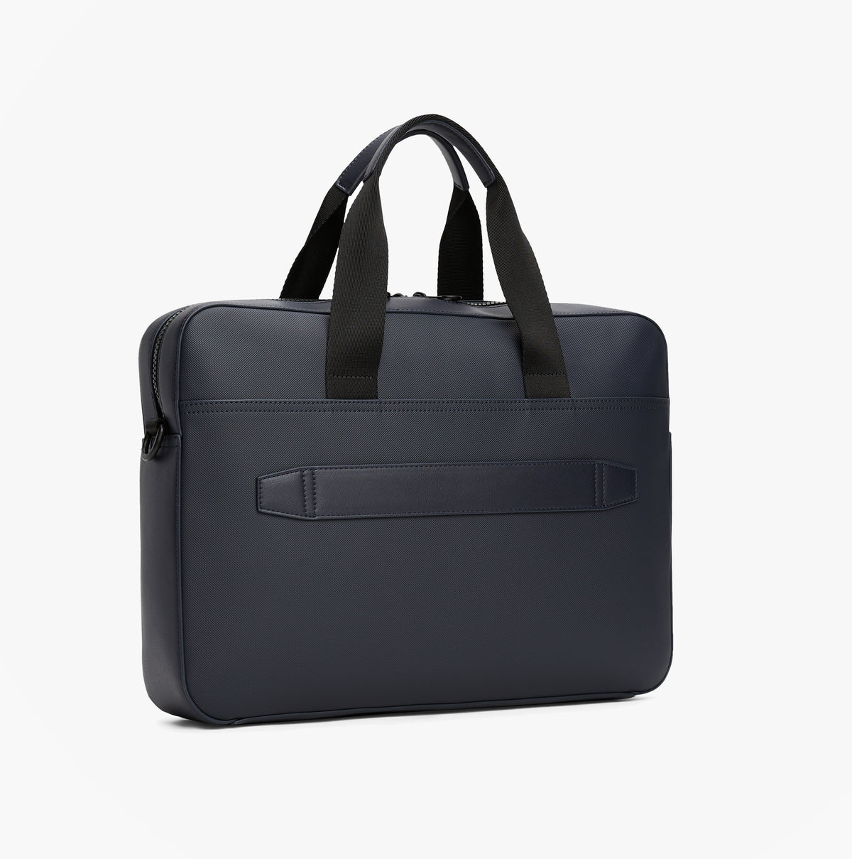 Tommy Hilfiger Signature Laptop Bag Navy side view showcasing zip closure and adjustable strap.