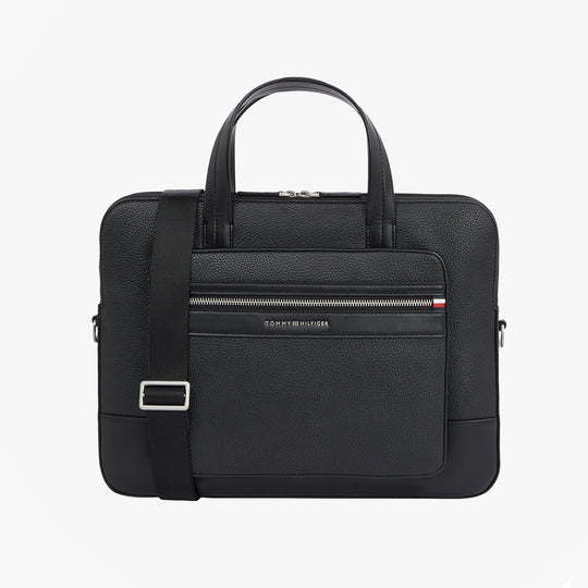 Tommy Hilfiger PEBBLE GRAIN METAL LOGO Mens Laptop Bag Black front view with zip closure and detachable strap.