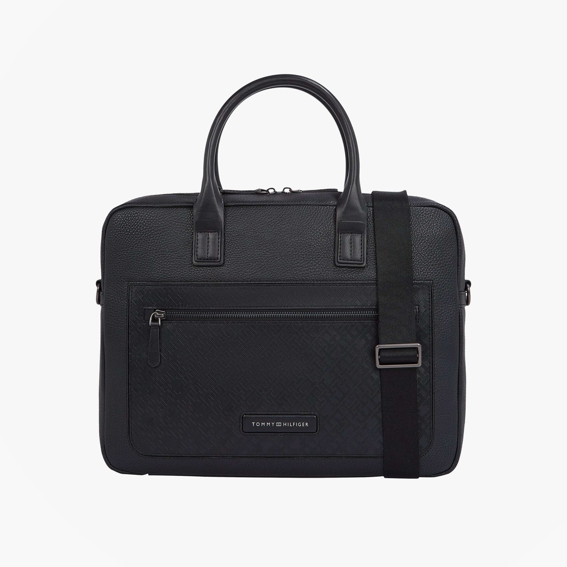 Tommy Hilfiger MONOGRAM PEBBLE GRAIN Mens Laptop Bag Black front view with carrying handles and detachable strap.