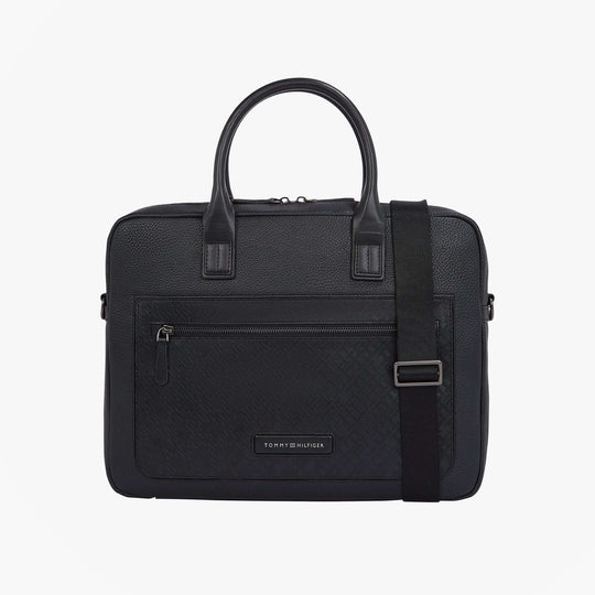 Tommy Hilfiger MONOGRAM PEBBLE GRAIN Mens Laptop Bag Black front view with carrying handles and detachable strap.