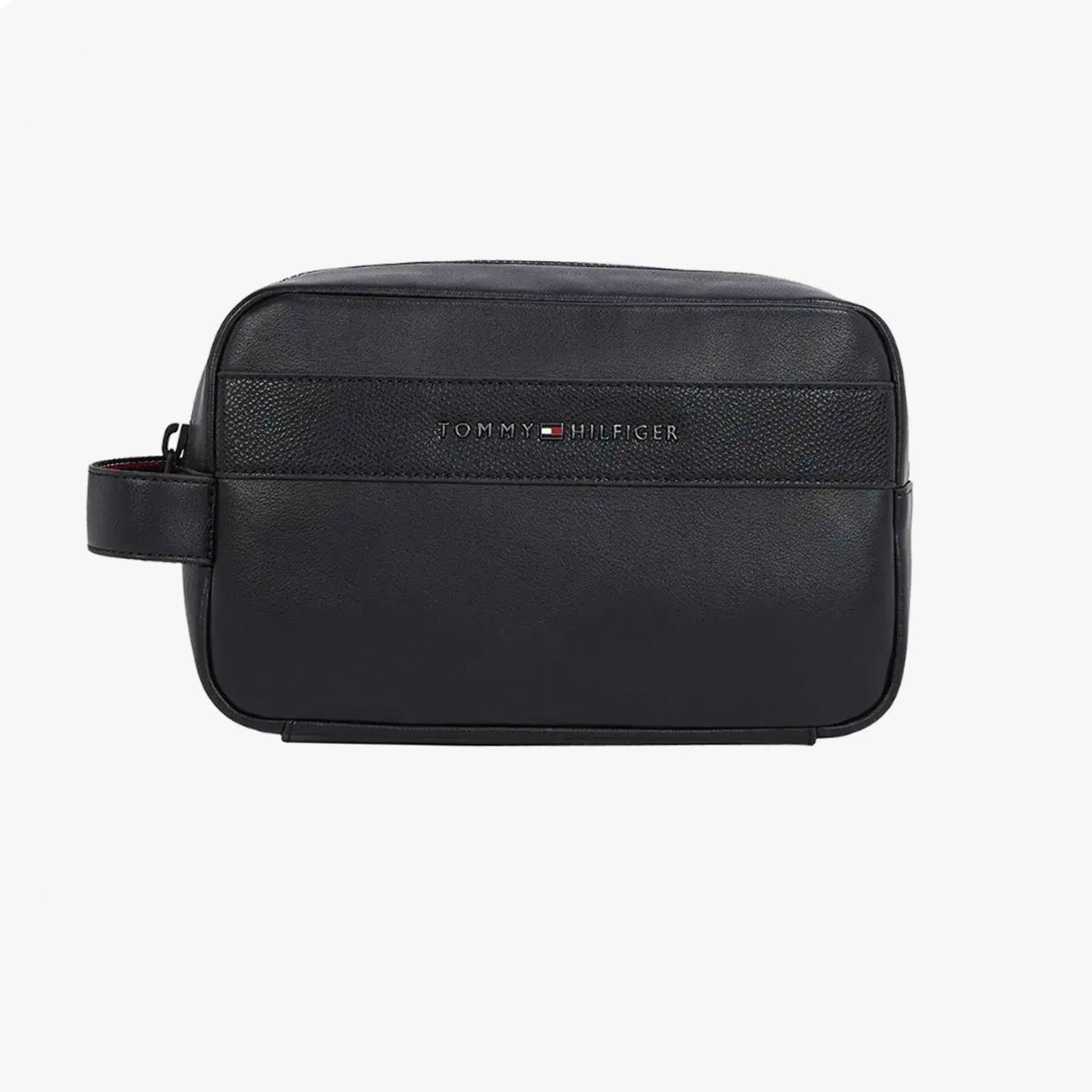 Tommy Hilfiger CORPORATE METAL LOGO Mens Washbag Black front view with zip closure and handle.