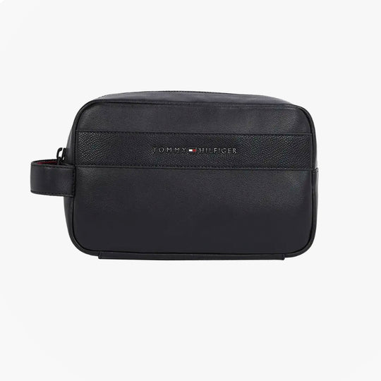 Tommy Hilfiger CORPORATE METAL LOGO Mens Washbag Black front view with zip closure and handle.