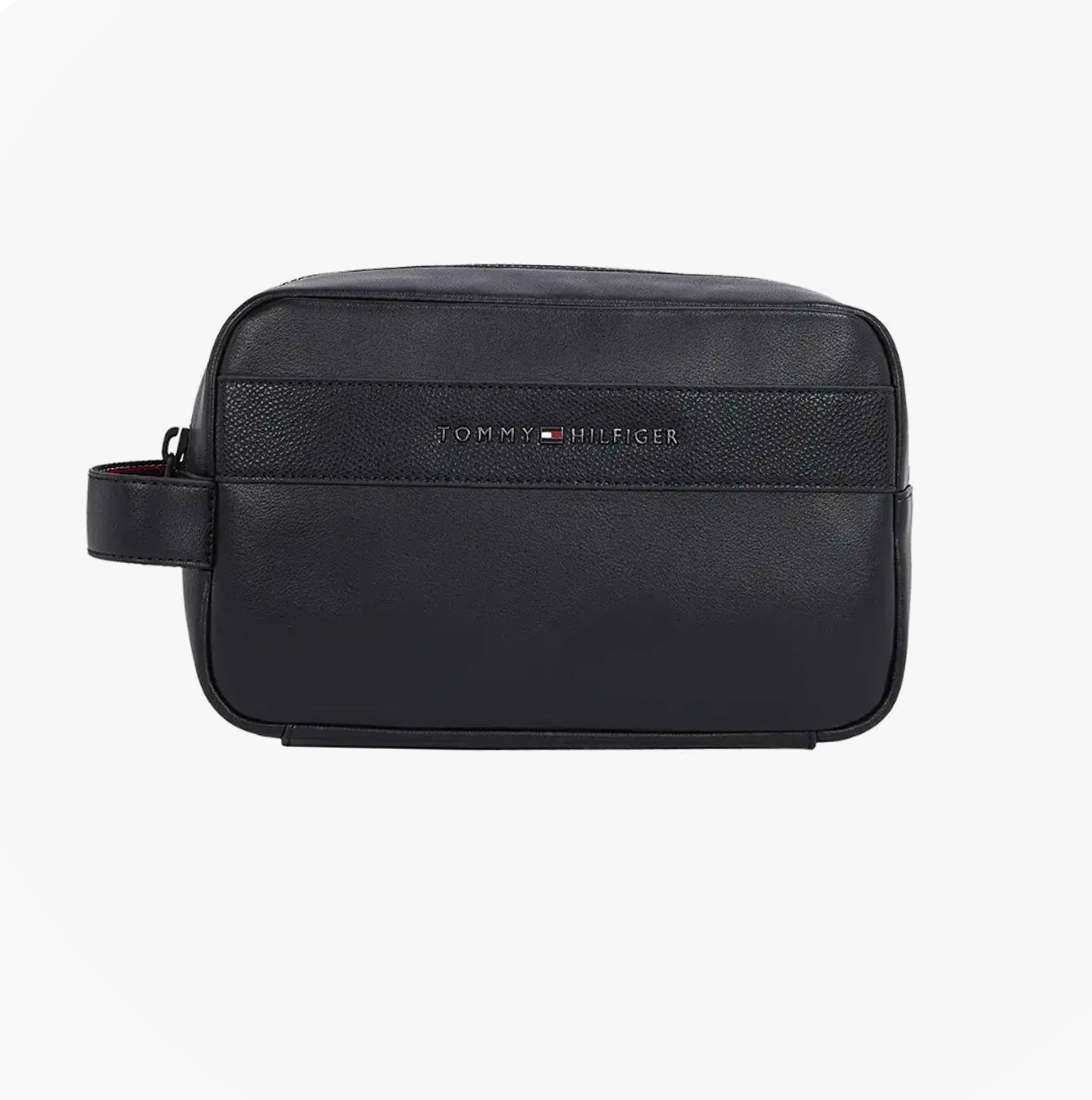 Tommy Hilfiger CORPORATE METAL LOGO Mens Washbag Black front view with zip closure and handle.