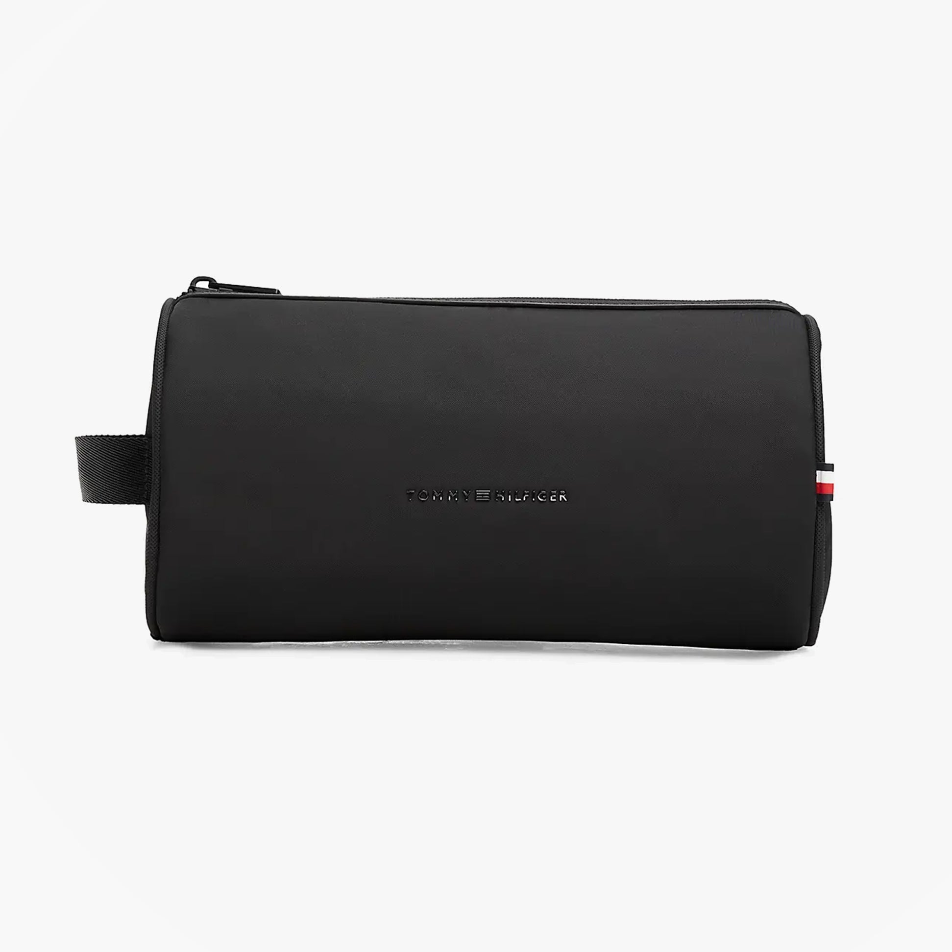 Tommy Hilfiger METAL LOGO WASHBAG Mens Black front view with zipper and side handle