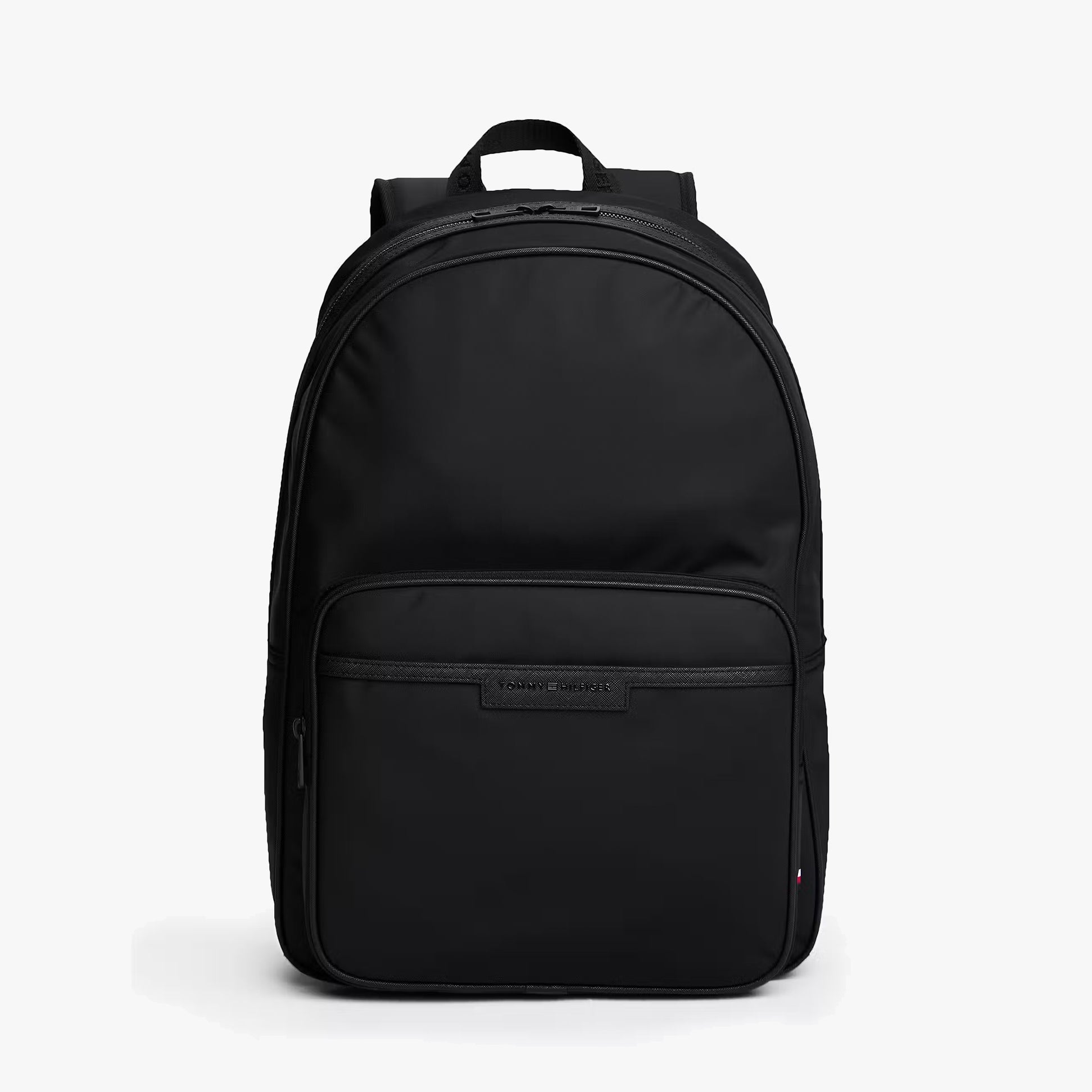 Tommy Hilfiger REPREVE Mens Backpack/Rucksack Black front view showcasing zipper and pocket detail.