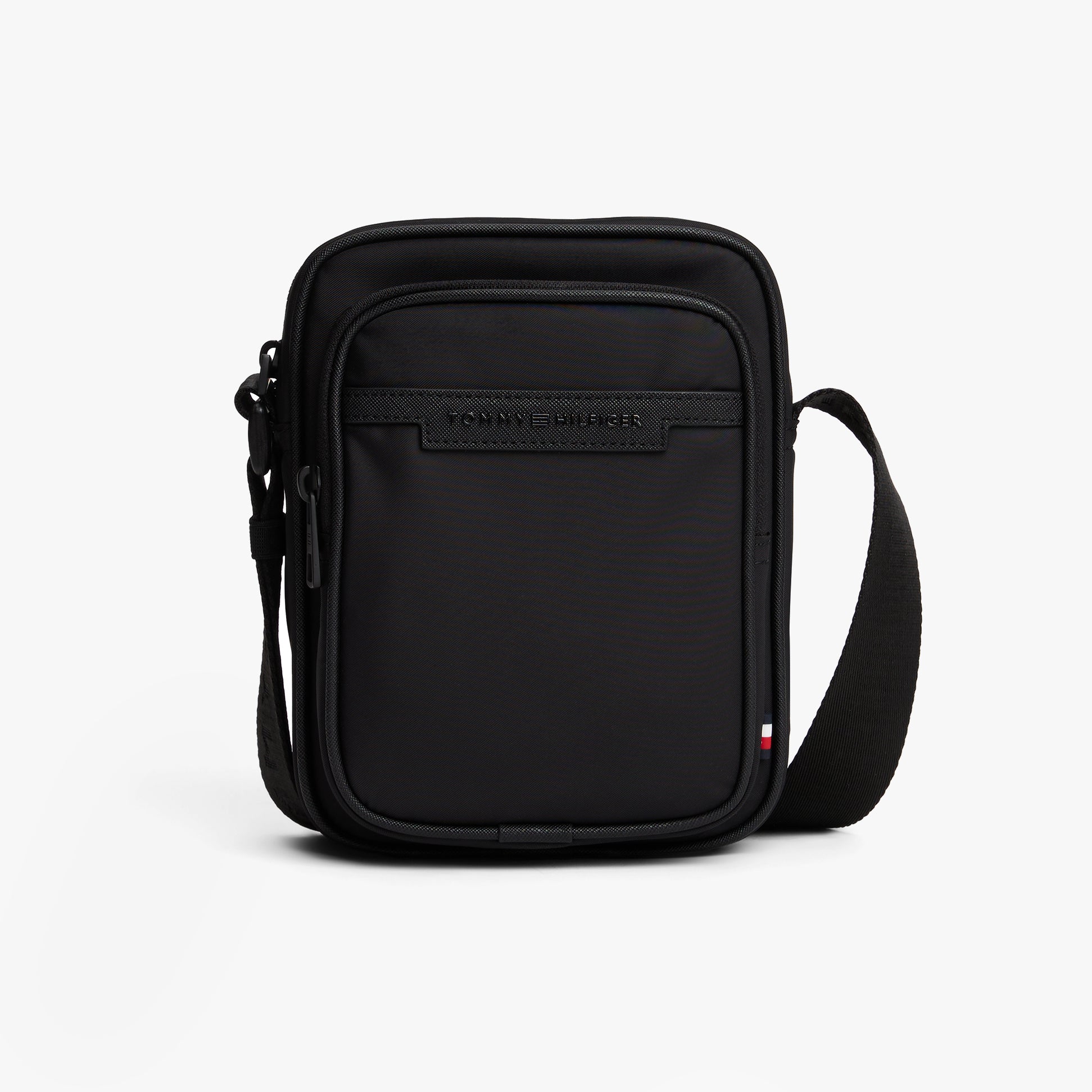 Tommy Hilfiger REPREVE Mens Messenger Bag Black front view with adjustable strap and zip closure.