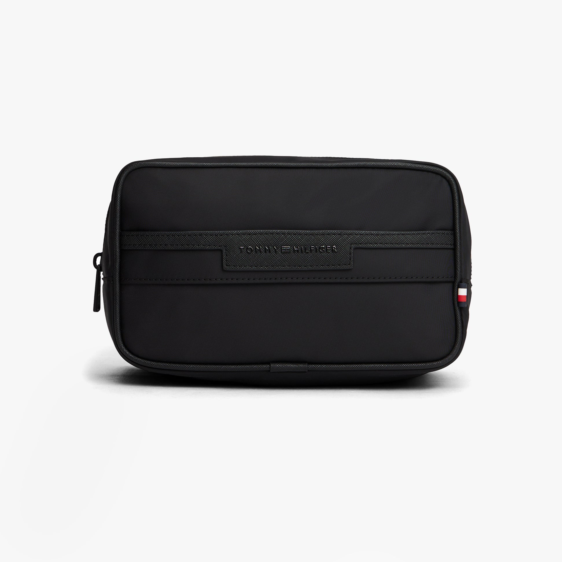 Tommy Hilfiger REPREVE Mens Backpack Black front view zip closure, made of 100% polyester, stylish wash bag design.