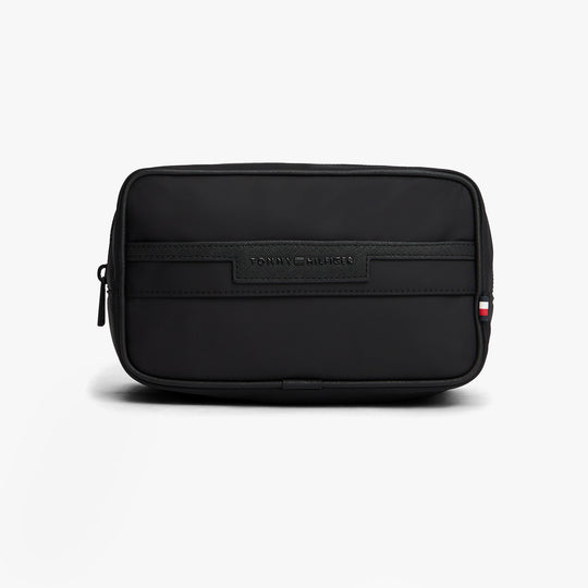 Tommy Hilfiger Mens Travel Wash Bag Black front view zip closure, made of 100% polyester, stylish wash bag design.
