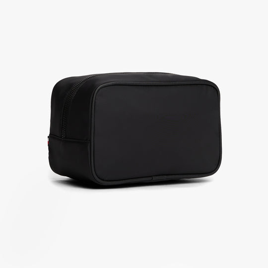 Tommy Hilfiger Mens Travel Wash Bag Black side view showing black zip closure and sleek design.