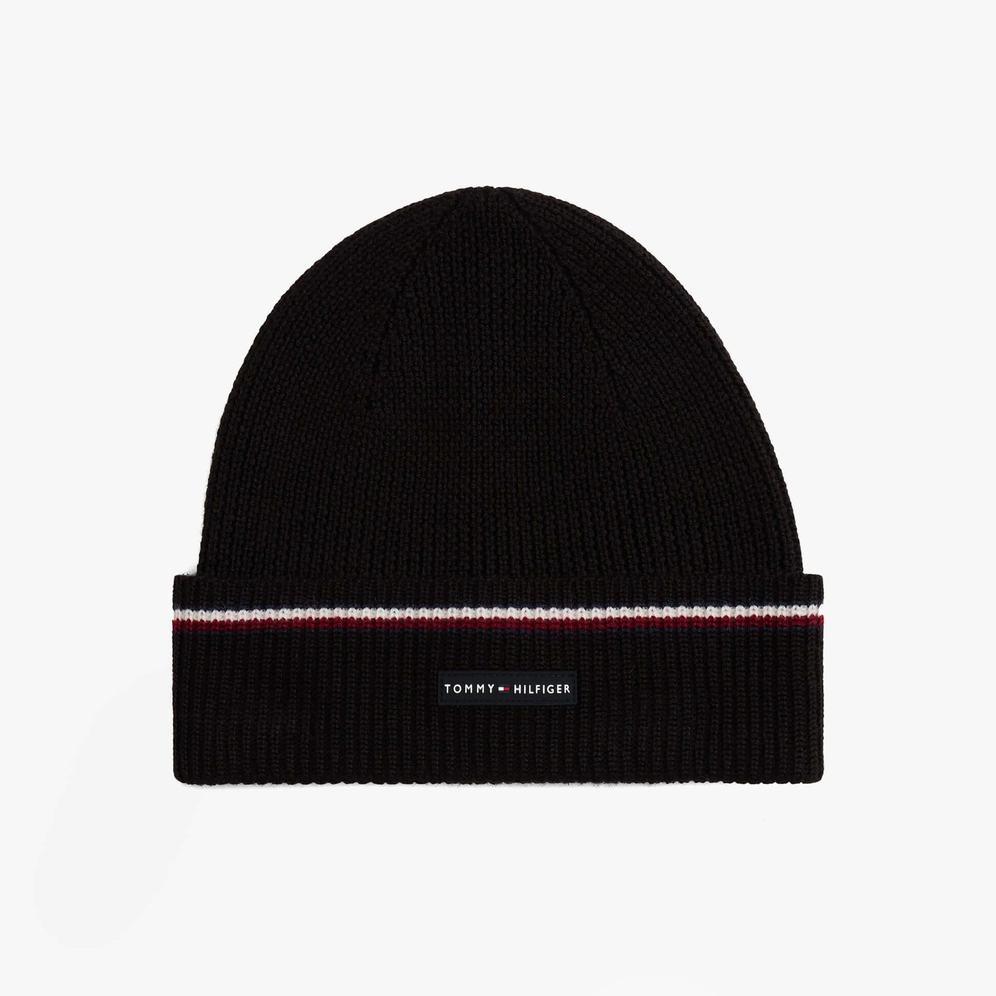 Tommy Hilfiger Signature Tape Mens Wool Beanie Black top view showcasing flat design and signature logo detail.