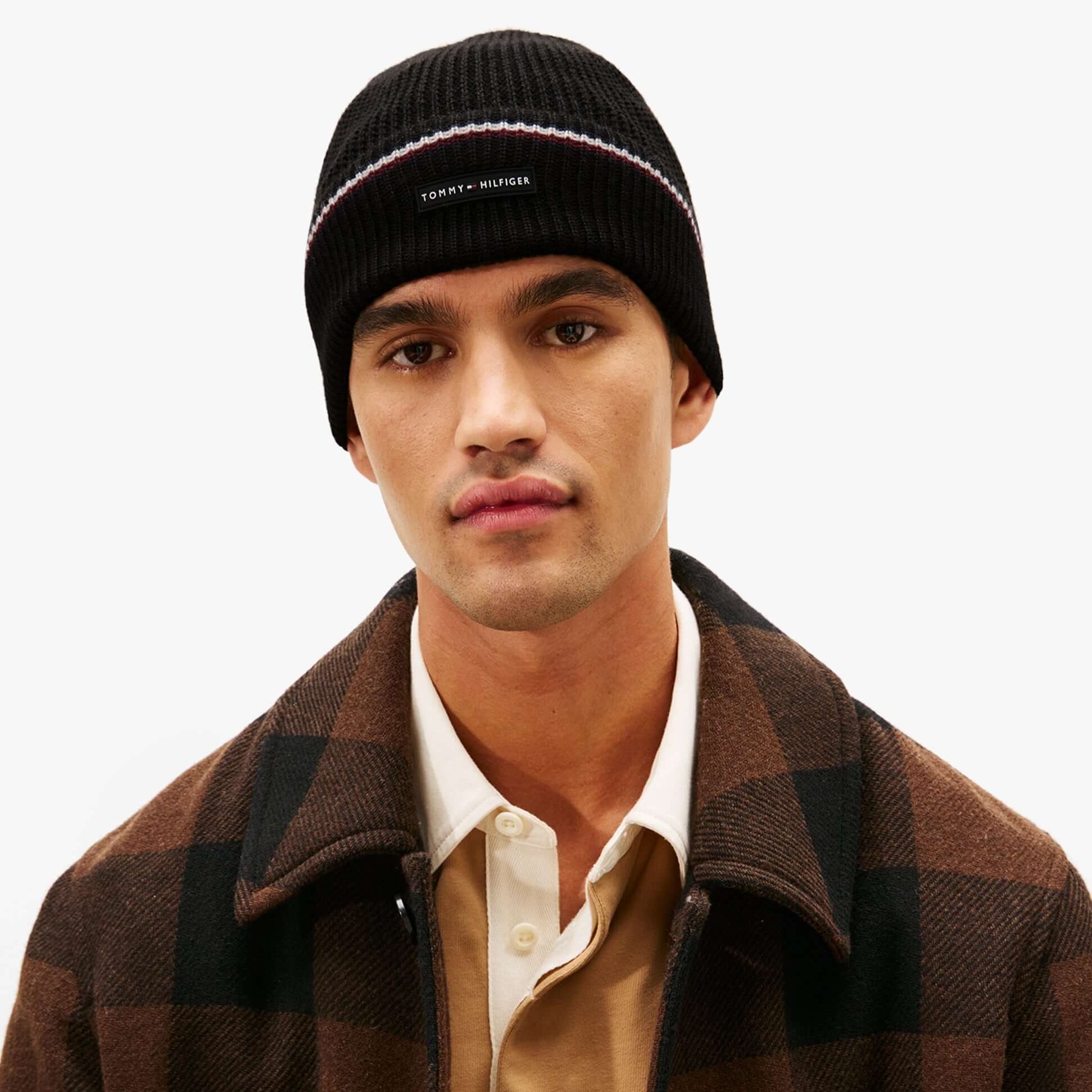 Tommy Hilfiger Signature Tape Mens Wool Beanie Black, front view on model, showcasing design and brand logo.