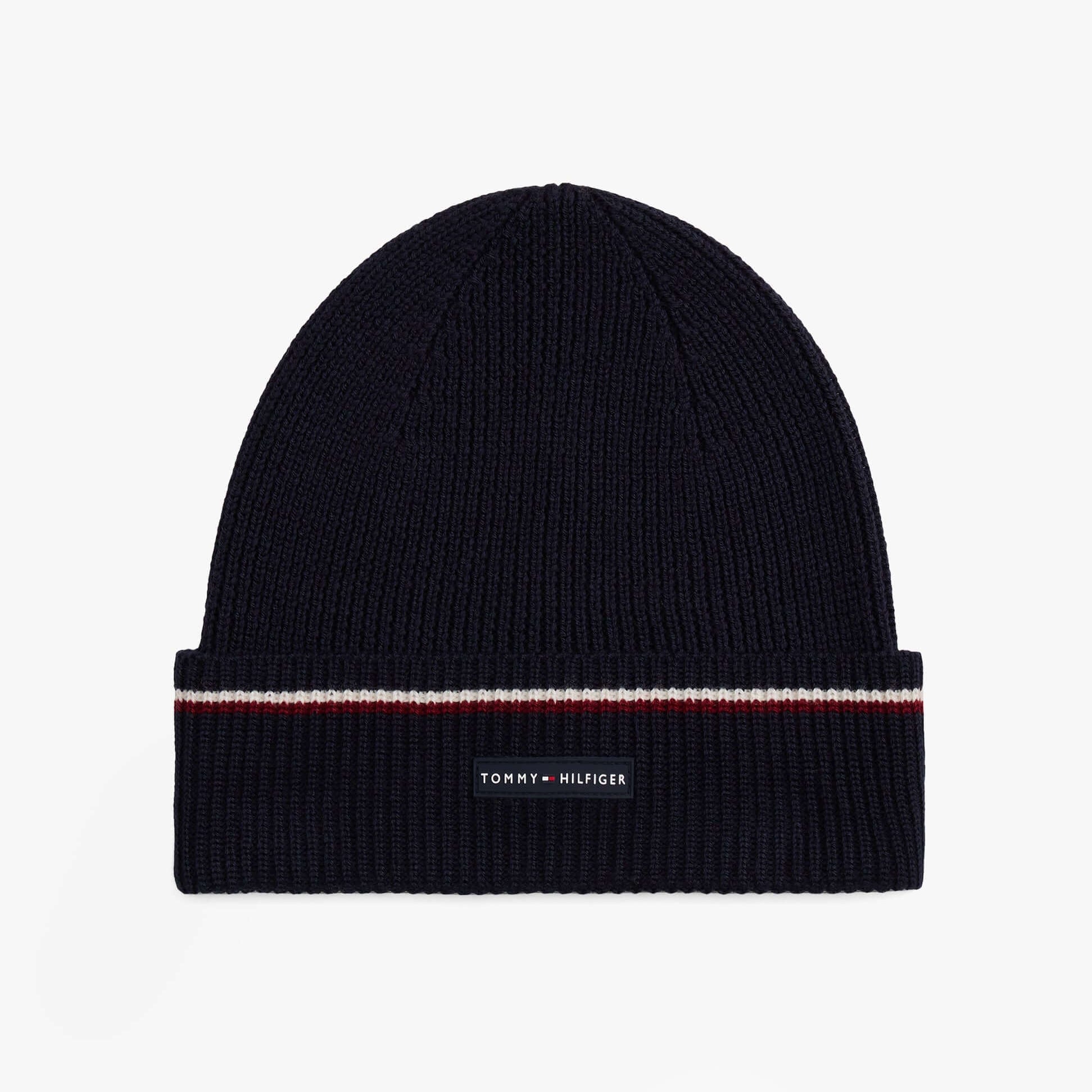 Tommy Hilfiger Signature Tape Mens Wool Beanie Blue top view showcasing the logo and striped design.