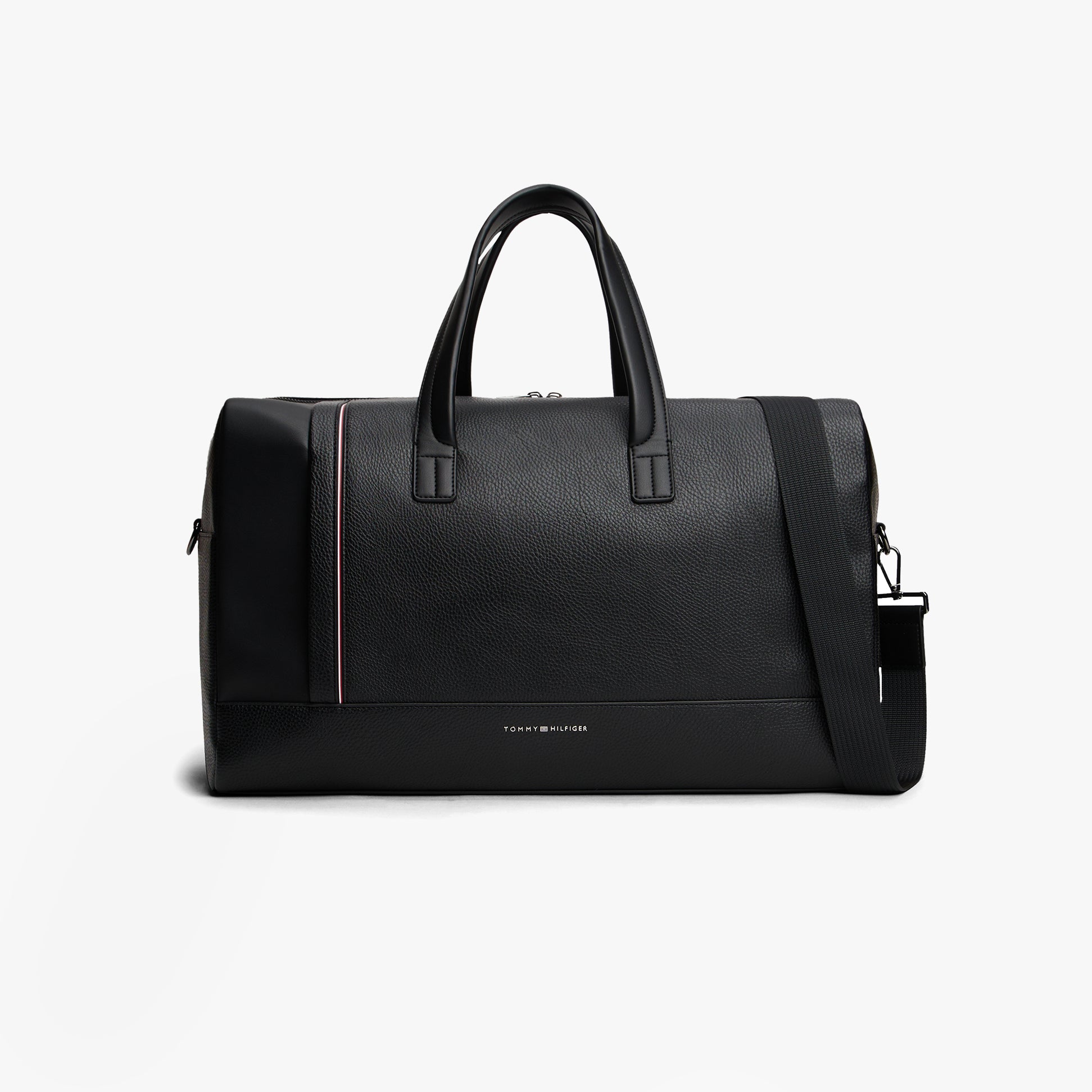 Tommy Hilfiger CENTRAL DUFFLE Mens Duffle Bag Black front view with zip closure and shoulder strap.