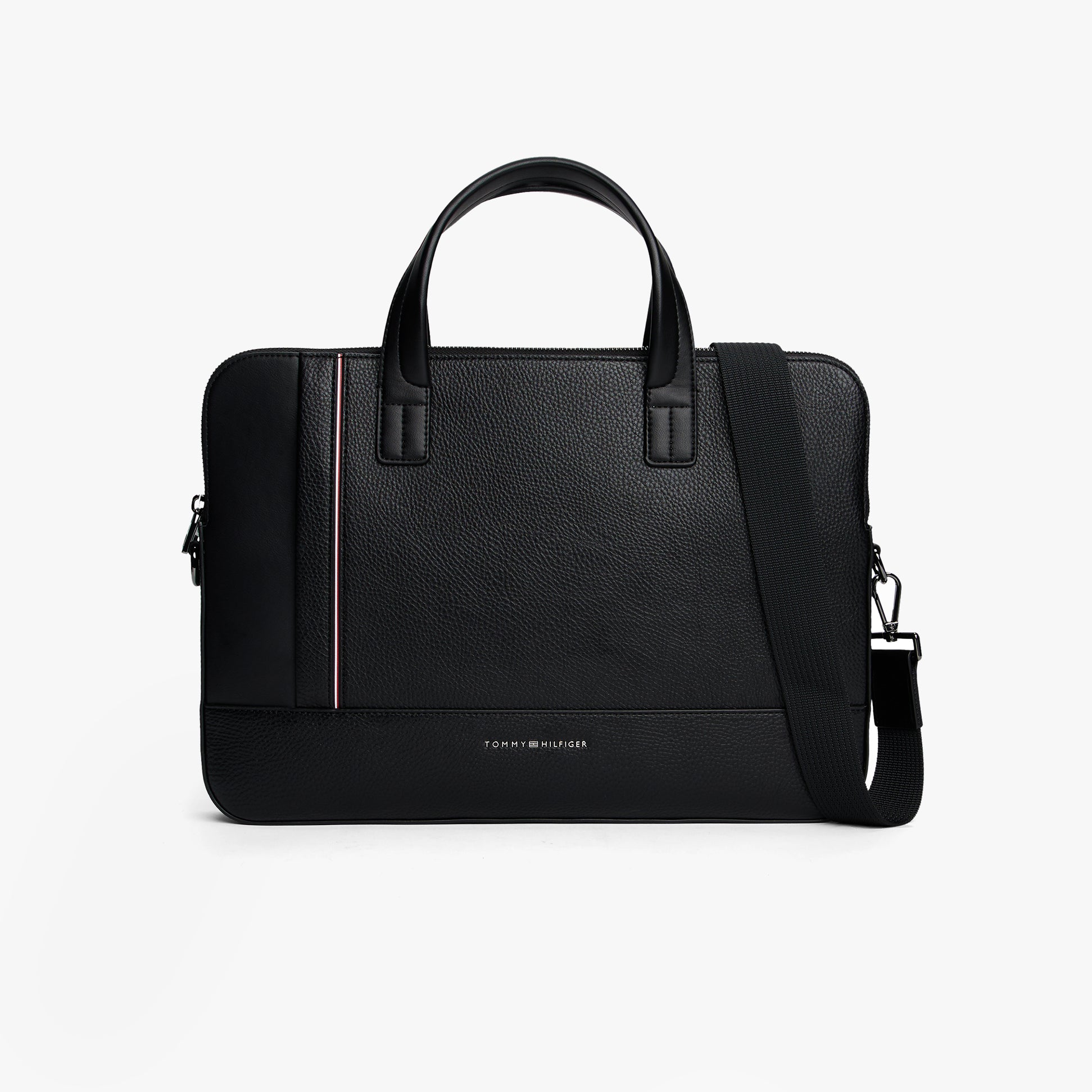 Tommy Hilfiger CENTRAL DUFFLE Mens Laptop Bag Black front view with handles and adjustable strap.