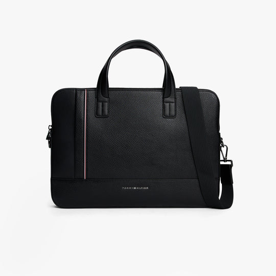 Tommy Hilfiger CENTRAL DUFFLE Mens Laptop Bag Black front view with handles and adjustable strap.