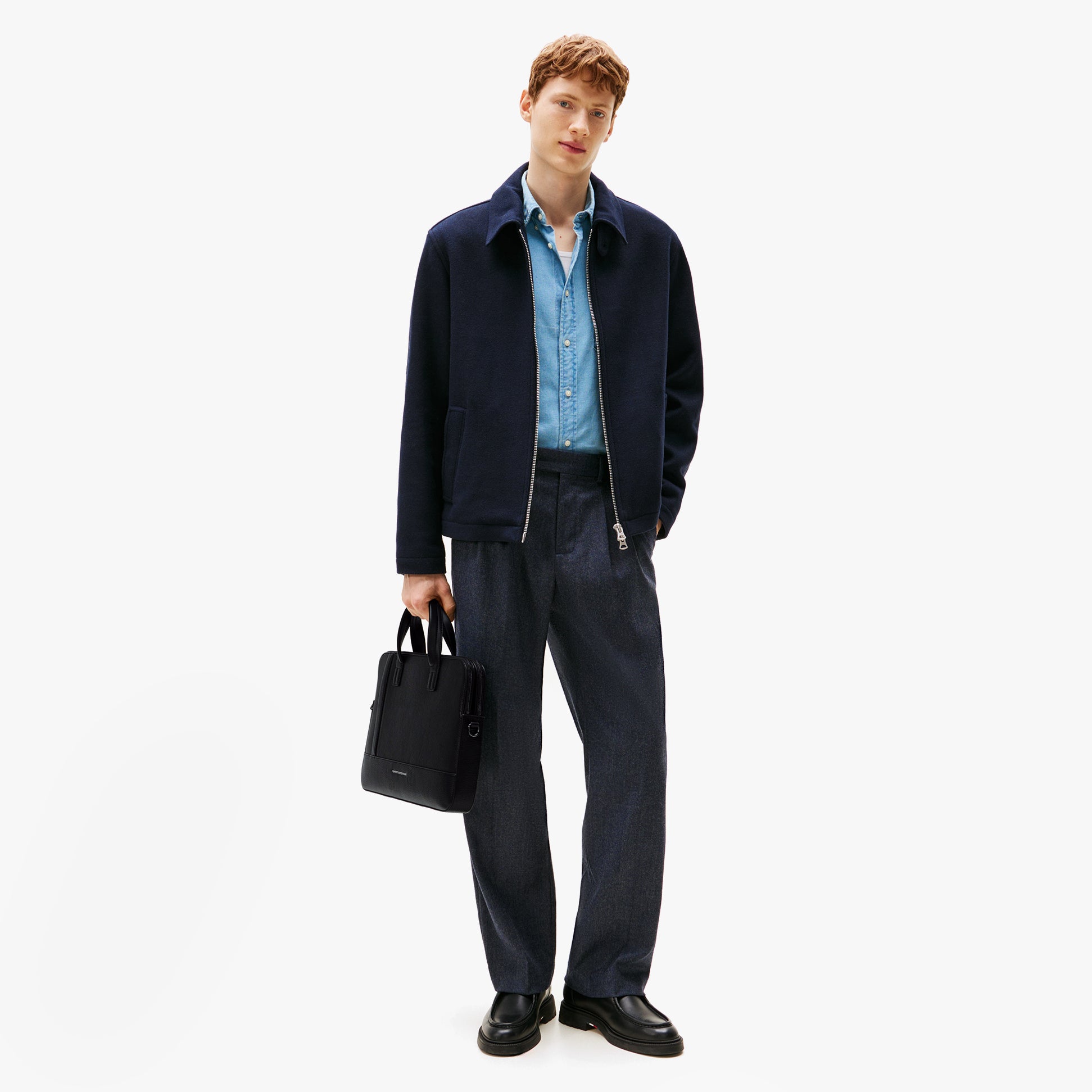 Tommy Hilfiger CENTRAL DUFFLE Mens Laptop Bag Black, front view, styled with an outfit, fashion-forward look.