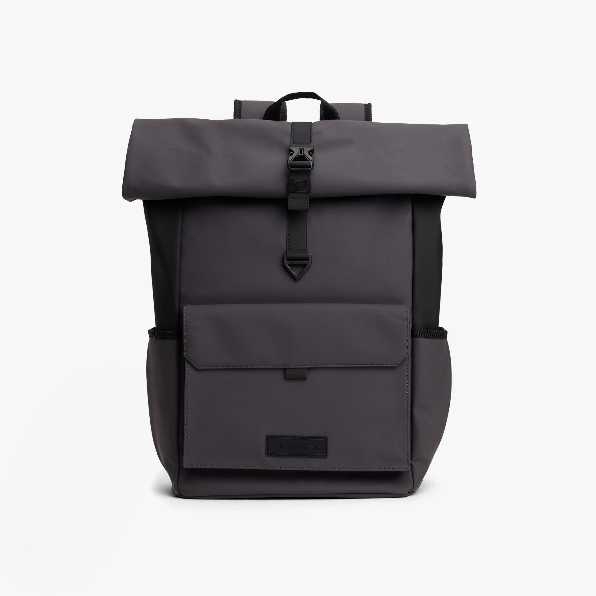 Tommy Hilfiger Mens Roll Top Backpack Charcoal Gray front view with roll top and buckle closure.
