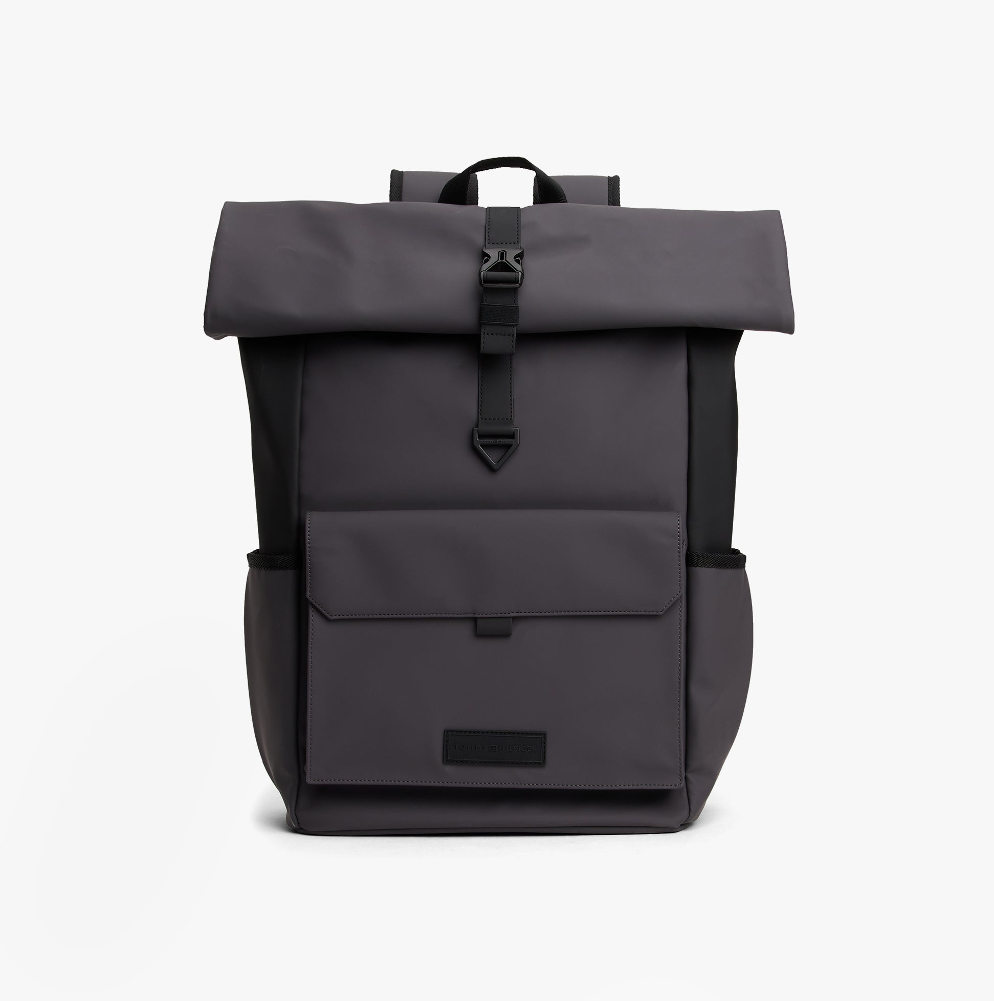 Tommy Hilfiger Mens Roll Top Backpack Charcoal Gray front view with roll top and buckle closure.