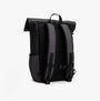 Tommy Hilfiger Mens Roll Top Backpack Charcoal Gray side view showcasing adjustable straps and buckle closure.