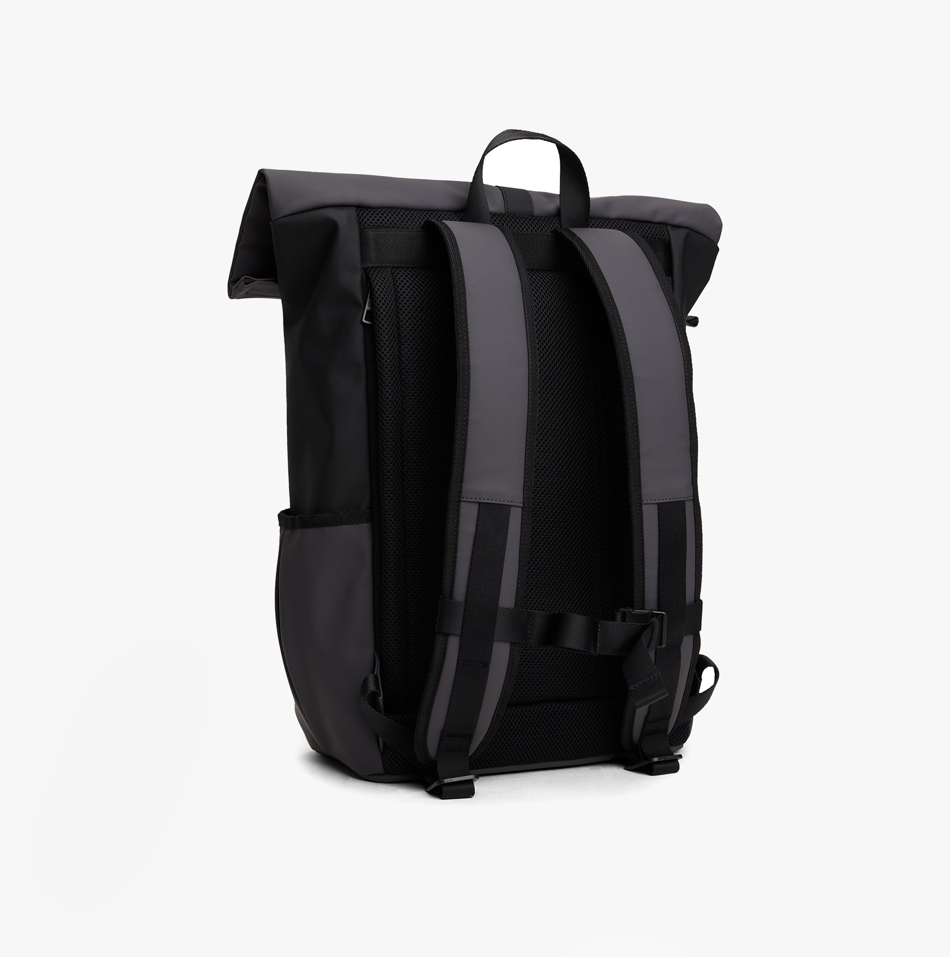 Tommy Hilfiger Mens Roll Top Backpack Charcoal Gray side view showcasing adjustable straps and buckle closure.