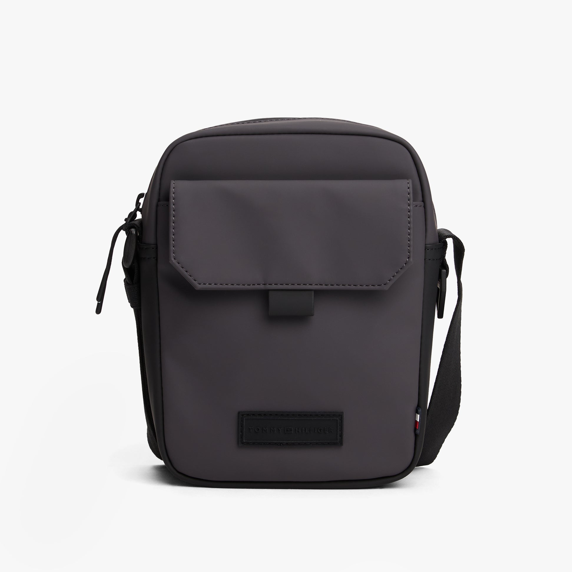 Tommy Hilfiger MINI REP Mens Crossbody Bag Charcoal Gray front view with flap and adjustable strap.
