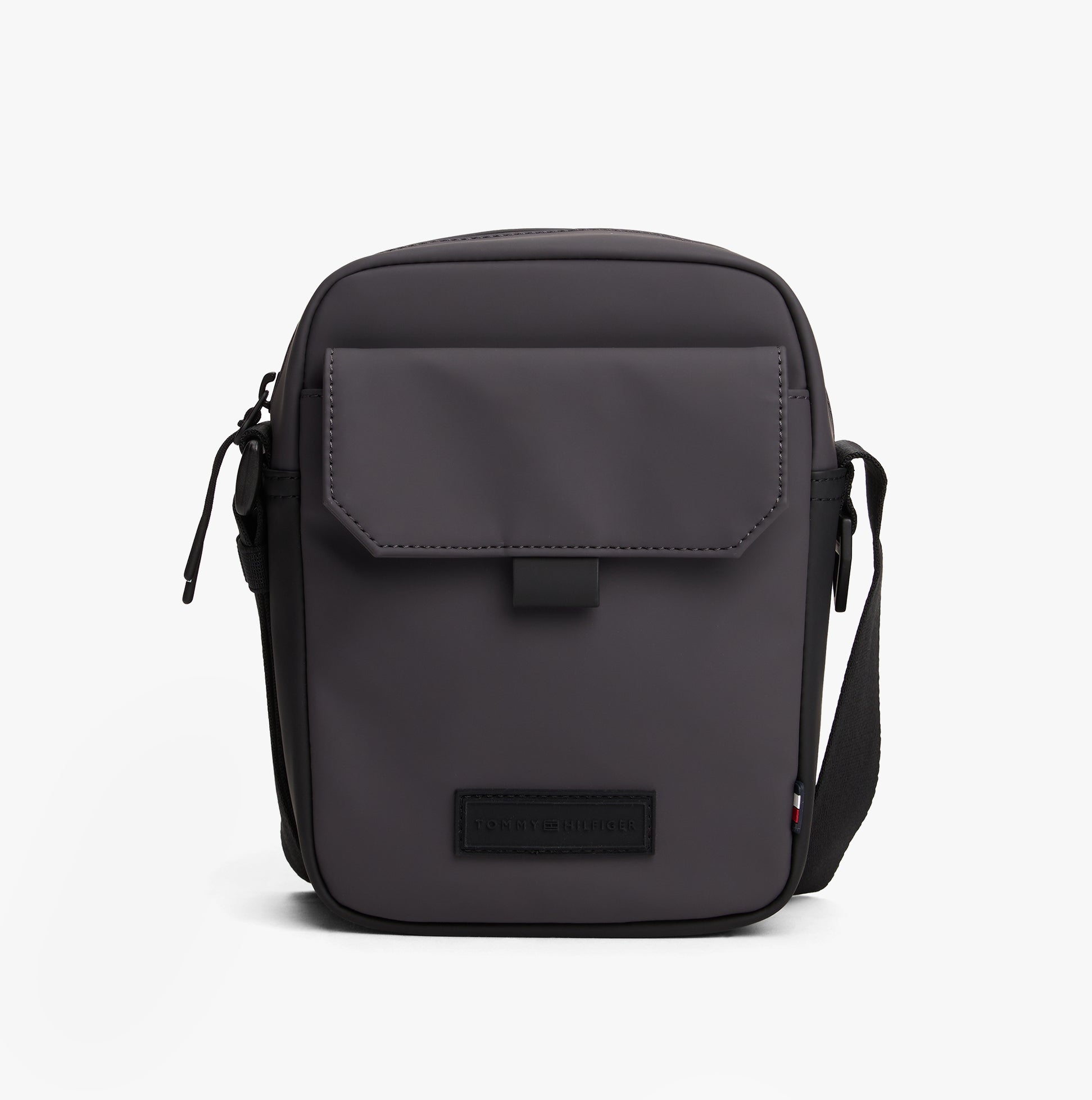 Tommy Hilfiger MINI REP Mens Crossbody Bag Charcoal Gray front view with flap and adjustable strap.