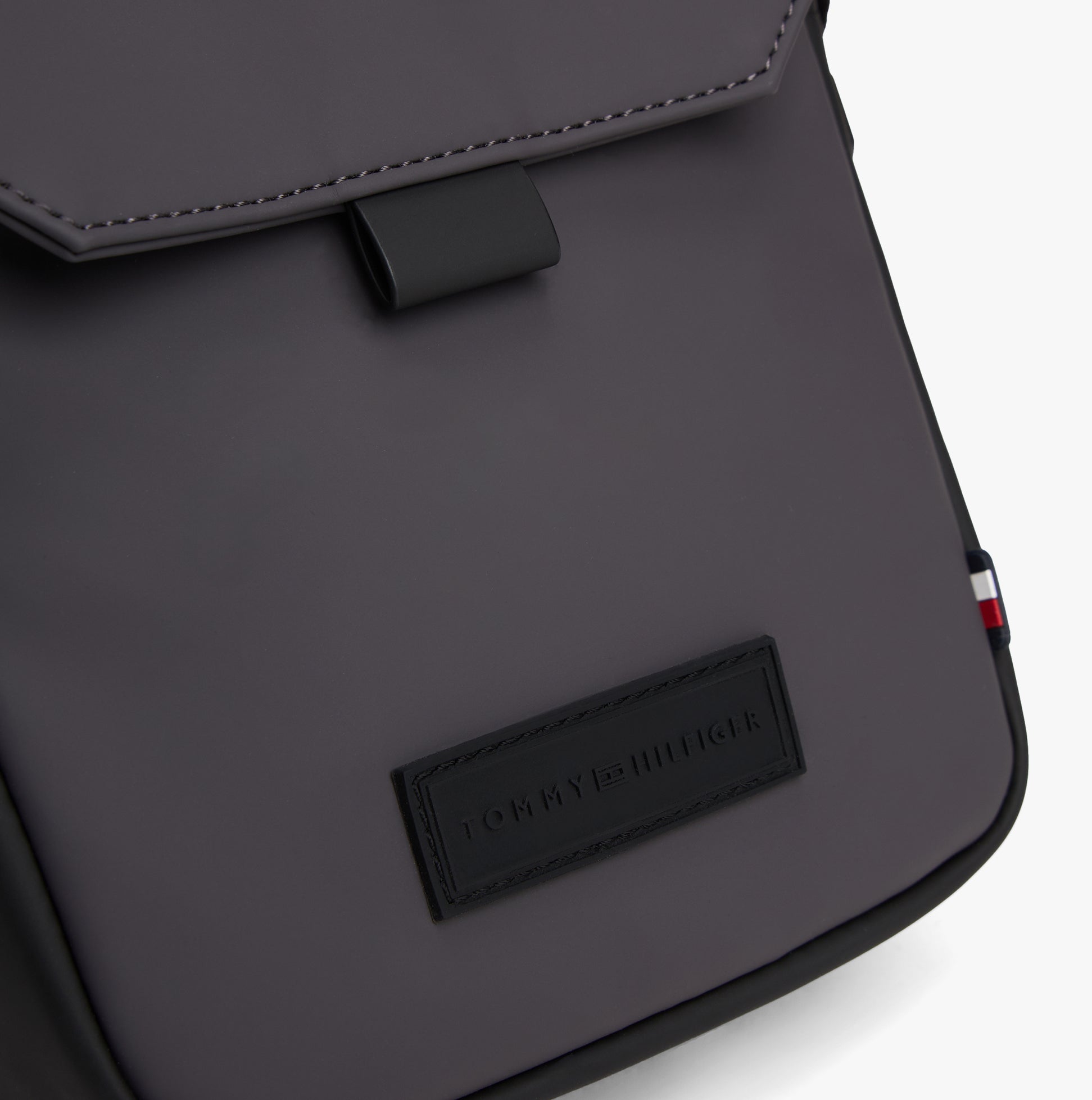 Tommy Hilfiger MINI REP Mens Crossbody Bag Charcoal Gray detail view showing zipper and logo