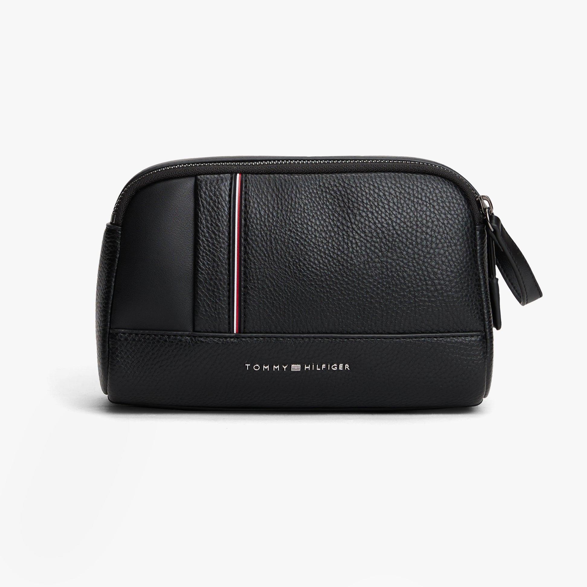 Tommy Hilfiger CENTRAL WASHBAG Mens Washbag Black front view with zip closure and signature logo.