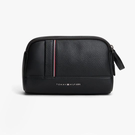 Tommy Hilfiger CENTRAL WASHBAG Mens Washbag Black front view with zip closure and signature logo.